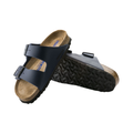 Top and bottom view of the Birkenstock Unisex Arizona in Blue Oiled Leather displaying the premium oiled leather upper, suede footbed lining, adjustable dual buckle straps, anatomically shaped cork-latex footbed with arch and heel support, and lightweight EVA outsole designed for flexibility, traction, and support for conditions such as plantar fasciitis, flat feet, heel spurs, metatarsalgia, arthritis, joint pain, and overpronation.