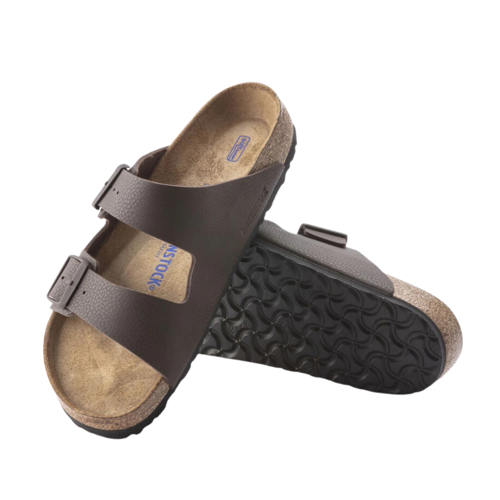 Top/bottom view of the Birkenstock Men’s Arizona Soft Footbed Birko-Flor in Desert Soil Chocolate, displaying both the cushioned, anatomically shaped footbed with arch and heel support and the durable, flexible EVA outsole for stability, comfort, and everyday wear.
