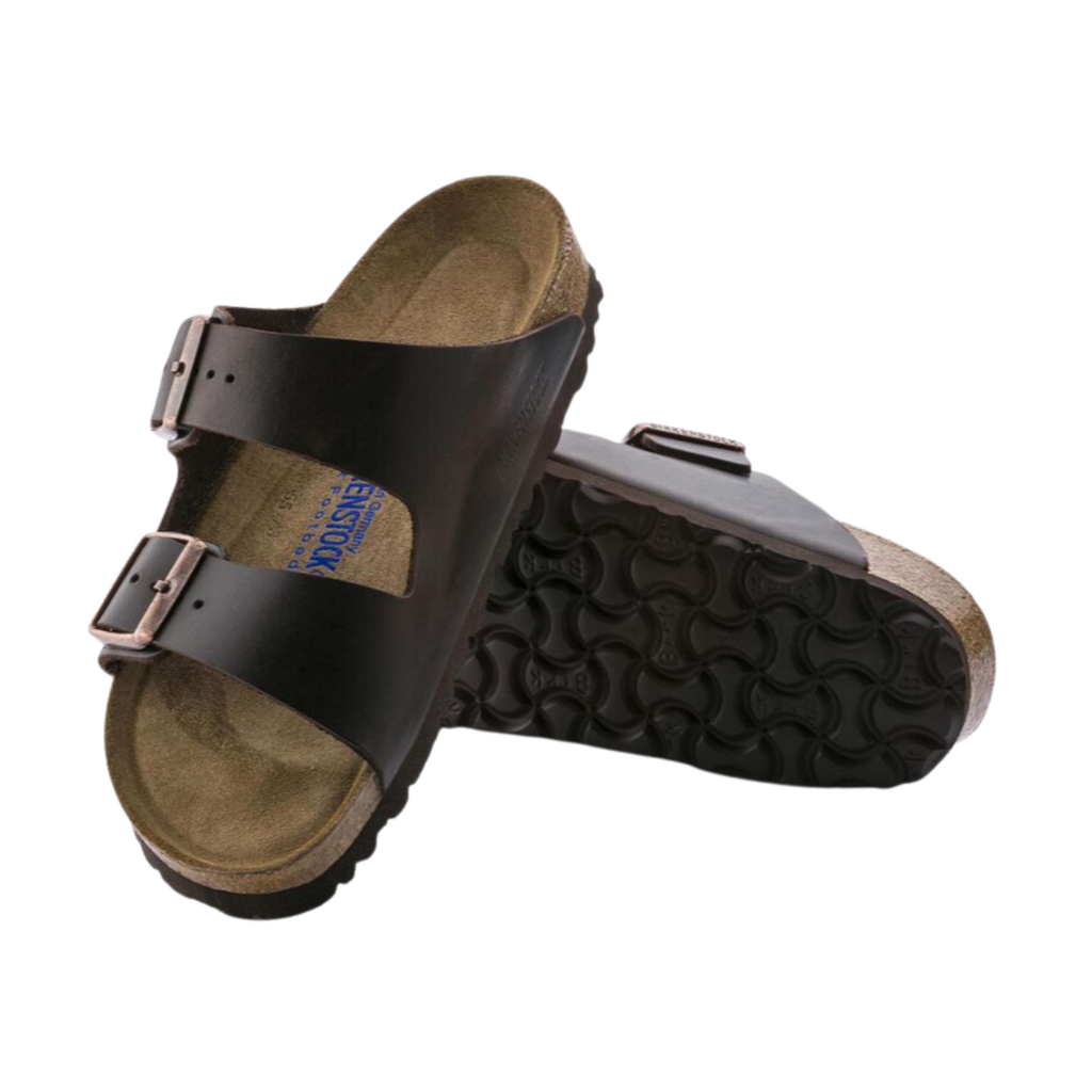 Top and bottom view of the Birkenstock Unisex Arizona in Amalfi Testa di Moro Oiled Leather displaying the premium oiled leather upper, suede footbed lining, adjustable dual buckle straps, anatomically shaped cork-latex footbed with arch and heel support, and lightweight EVA outsole designed for flexibility, traction, and support for conditions such as plantar fasciitis, flat feet, heel spurs, metatarsalgia, arthritis, joint pain, and overpronation.
