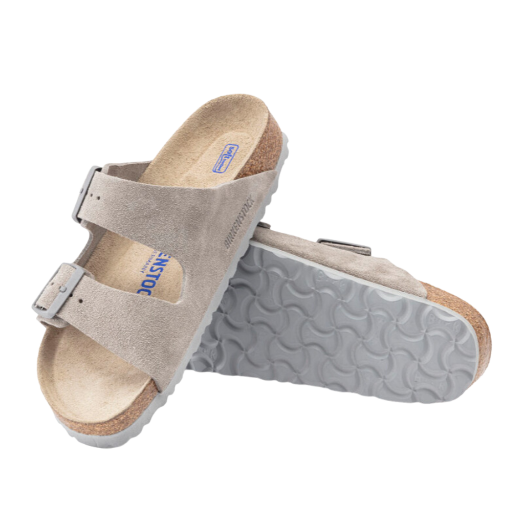 Top and bottom view of the Birkenstock Arizona Soft Footbed in Stone Coin Suede Leather displaying the premium suede leather upper, breathable suede footbed lining, dual adjustable buckle straps, anatomically shaped cork-latex Soft Footbed with arch support and pressure relief, and lightweight EVA outsole designed for flexibility, traction, and support for conditions such as plantar fasciitis, flat feet, metatarsalgia, heel spurs, overpronation, and general foot fatigue.