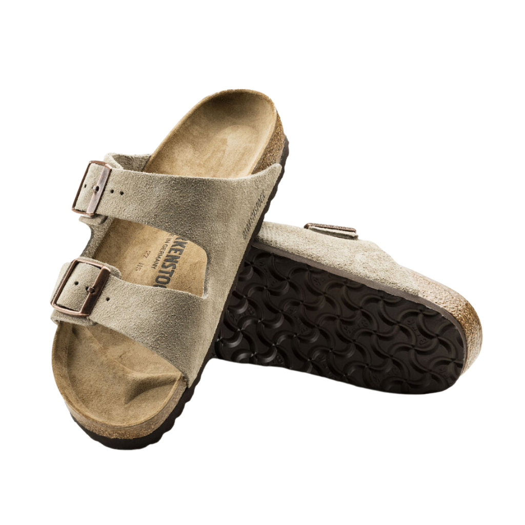 Top/bottom view of the Birkenstock Women’s Arizona Soft Footbed Suede Leather in Taupe, displaying both the cushioned, anatomically shaped footbed with arch and heel support and the durable, flexible EVA outsole for stability, comfort, and everyday wear.