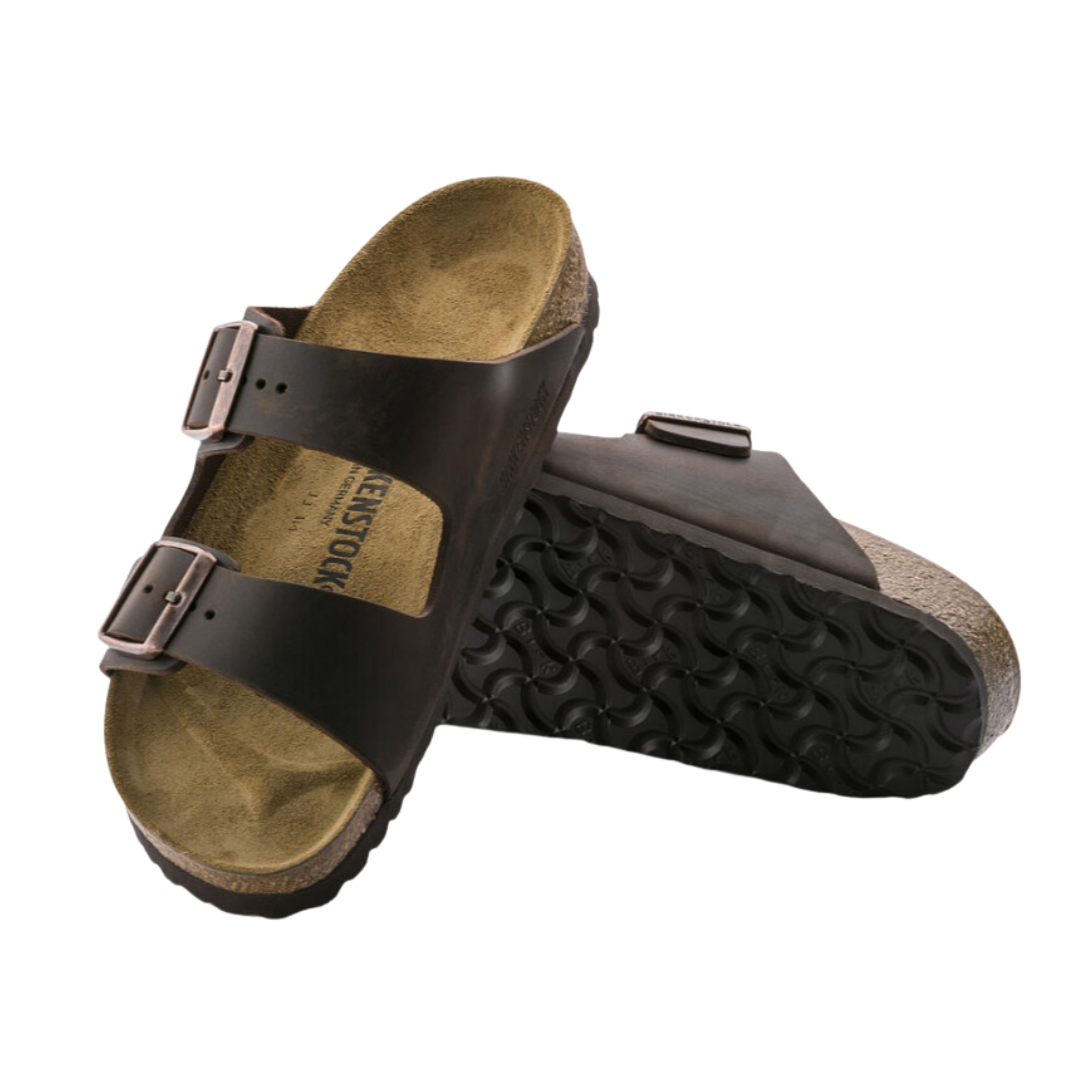 Top and bottom view of the Birkenstock Unisex Arizona in Habana Oiled Leather displaying the premium oiled leather upper, suede footbed lining, adjustable dual buckle straps, anatomically shaped cork-latex footbed with arch and heel support, and lightweight EVA outsole designed for flexibility, traction, and support for conditions such as plantar fasciitis, flat feet, heel spurs, metatarsalgia, arthritis, joint pain, and overpronation.