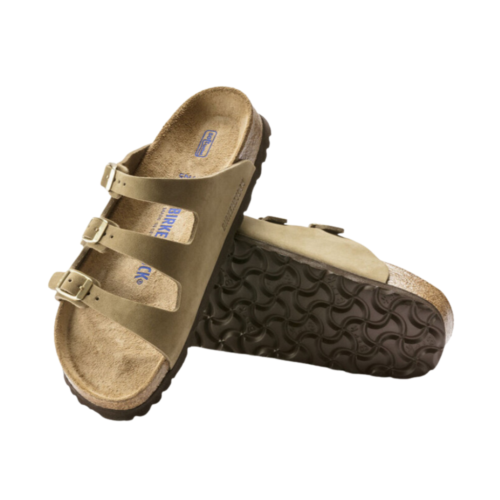 Top and bottom view of the Birkenstock Women’s Florida Soft Footbed in Khaki Nubuck Leather displaying the premium nubuck leather upper, three adjustable metal buckle straps, breathable suede footbed lining, anatomically shaped cork-latex Soft Footbed with arch support and deep heel cup, and lightweight EVA outsole designed for flexibility, traction, and support for conditions such as plantar fasciitis, flat feet, metatarsalgia, heel pain, heel spurs, overpronation, and general foot fatigue.