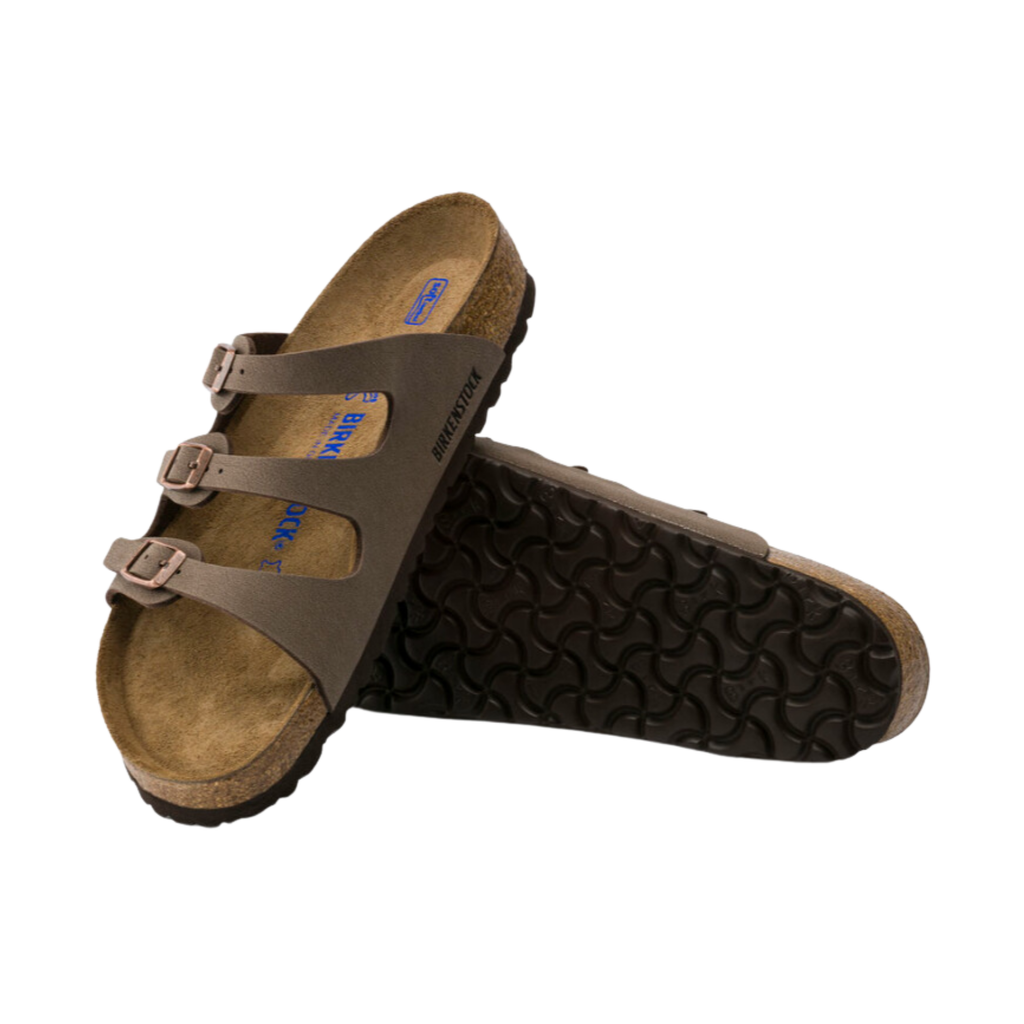 Top and bottom view of the Birkenstock Women’s Florida Soft Footbed in Mocha Birkibuc displaying the premium Birkibuc upper, three adjustable metal buckle straps, breathable suede footbed lining, anatomically shaped cork-latex Soft Footbed with arch support and deep heel cup, and lightweight EVA outsole designed for flexibility, traction, and support for conditions such as plantar fasciitis, flat feet, metatarsalgia, heel pain, heel spurs, overpronation, and general foot fatigue.