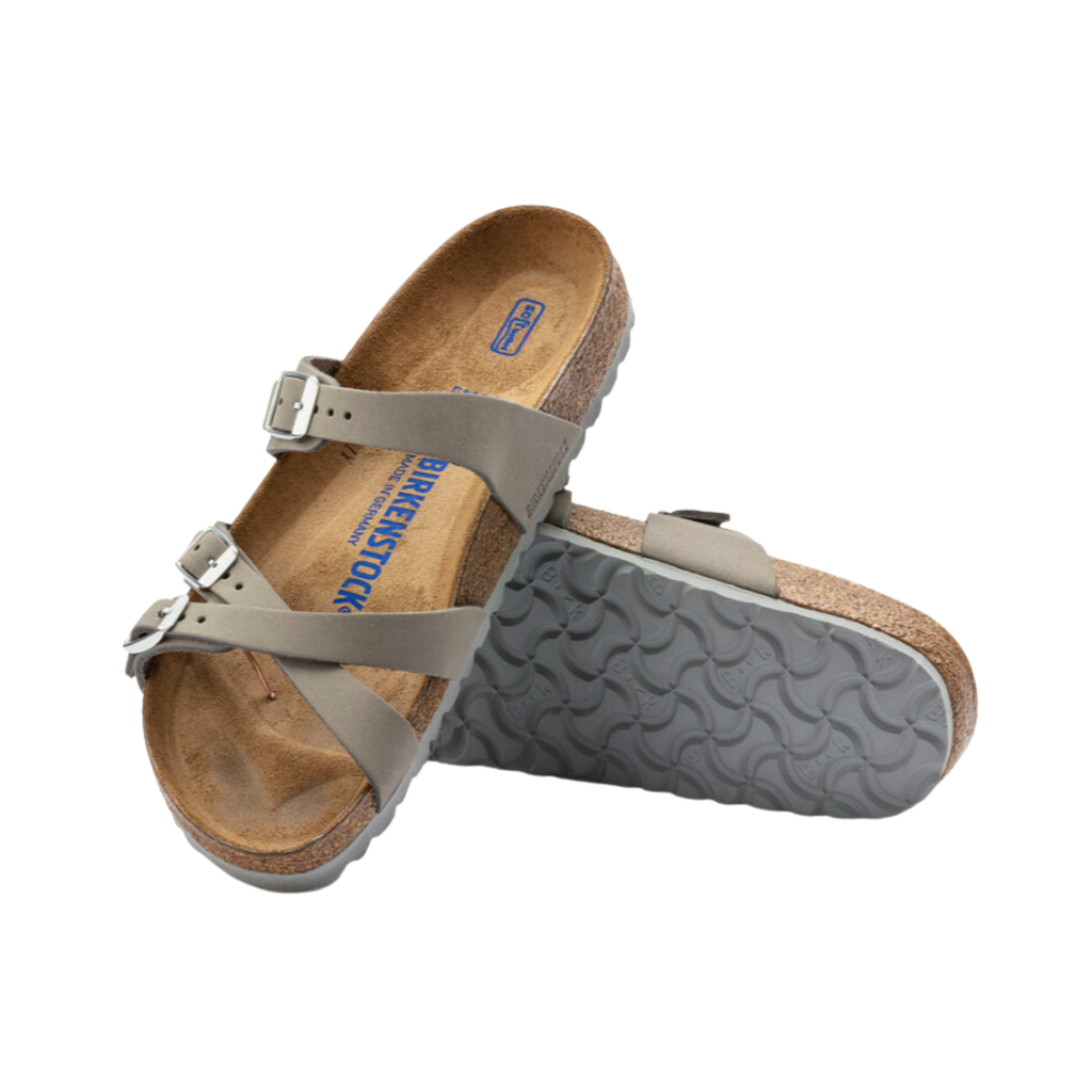 Top and bottom view of the Birkenstock Women’s Franca Soft Footbed in Dove Grey Nubuck Leather displaying the premium nubuck leather crisscross straps, adjustable metal buckles, breathable suede footbed lining, anatomically shaped cork-latex Soft Footbed with arch support and heel cushioning, and lightweight EVA outsole designed for flexibility, traction, and support for conditions such as plantar fasciitis, flat feet, metatarsalgia, overpronation, heel spurs, and general foot fatigue.
