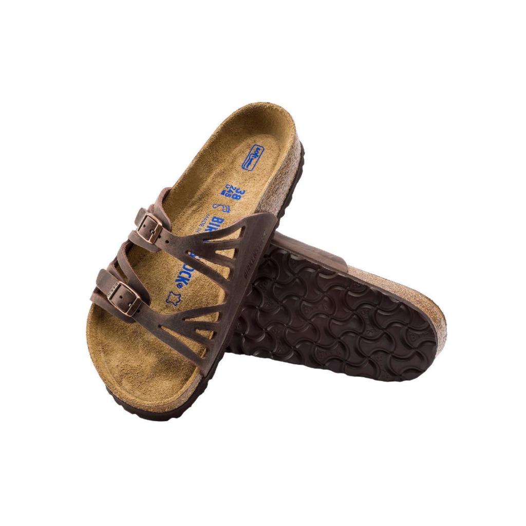 Top and bottom view of the Birkenstock Women’s Granada Soft Footbed in Habana Oiled Leather displaying the premium oiled leather upper, adjustable multi-strap buckle design, cushioned Soft Footbed with breathable lining, anatomically shaped cork-latex footbed with arch support, deep heel cup, and toe grip, along with the lightweight EVA outsole designed for flexibility, traction, and support for conditions such as plantar fasciitis, flat feet, overpronation, metatarsalgia, bunions, hammertoes, and ge