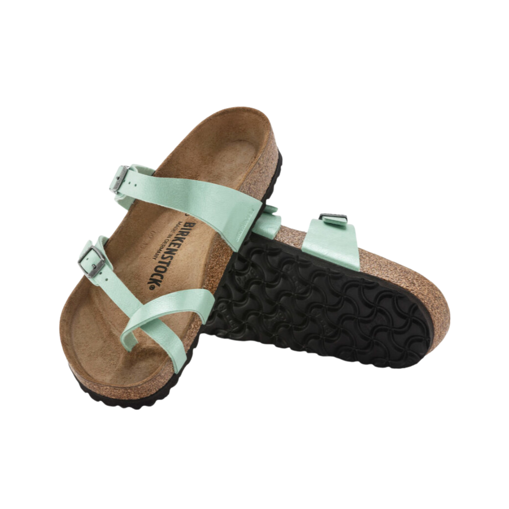 Top and bottom view of the Birkenstock Mayari in Graceful Matcha Birko-Flor displaying the metallic Birko-Flor upper, elegant toe-loop construction, adjustable crisscross straps, anatomically shaped cork-latex footbed with arch support and heel stabilization, and lightweight EVA outsole designed for flexibility, traction, and support for conditions such as plantar fasciitis, flat feet, metatarsalgia, heel spurs, overpronation, and general foot fatigue.