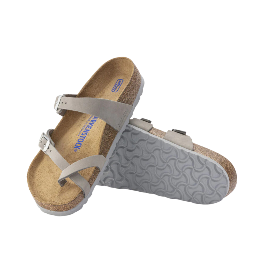 Top and bottom view of the Birkenstock Women’s Mayari Soft Footbed in Dove Grey Nubuck Leather displaying the premium nubuck leather upper, elegant toe-loop construction, adjustable crisscross straps with metal buckles, breathable footbed lining, anatomically shaped cork-latex Soft Footbed with arch support and deep heel cup, and lightweight EVA outsole designed for flexibility, traction, and support for conditions such as plantar fasciitis, flat feet, metatarsalgia, bunions, heel spurs, overpronation, and 