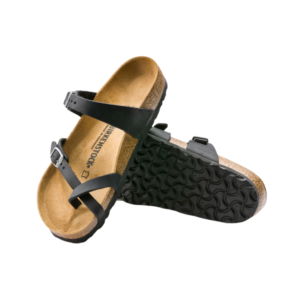 Top and bottom view of the Birkenstock Women’s Mayari in Black Oiled Leather displaying the premium oiled leather upper, elegant toe-loop construction, adjustable crisscross straps with metal buckles, anatomically shaped cork-latex footbed with arch support, deep heel cup, and raised toe bar, along with the lightweight EVA outsole designed for flexibility, traction, and support for conditions such as plantar fasciitis, flat feet, metatarsalgia, bunions, hammertoes, overpronation, and general foot fatigue.