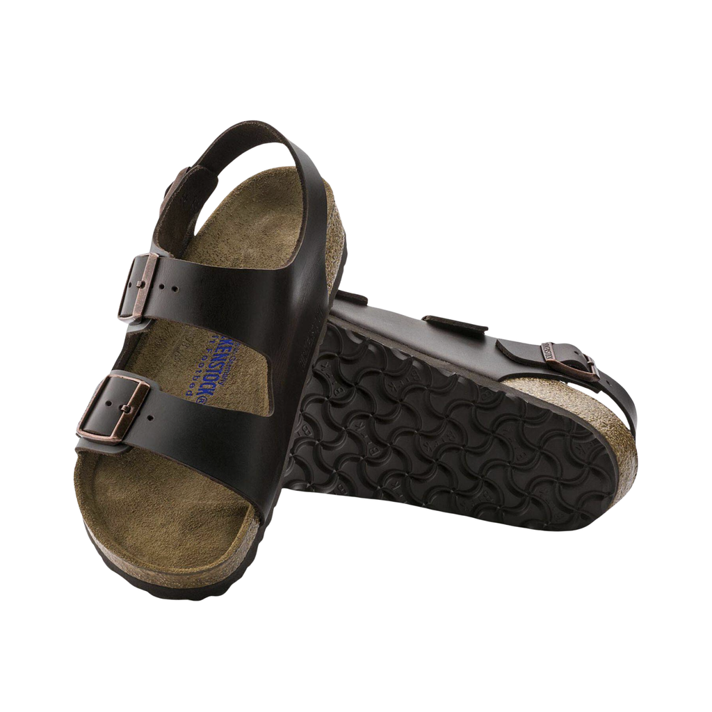 Top/bottom view of the Birkenstock Men’s Milano Soft Footbed in Amalfi Testa Di Moro Brown Smooth Leather, displaying the cushioned soft cork-latex footbed with raised toe bar and deep heel cup along with the flexible EVA outsole for stable, shock-absorbing support.