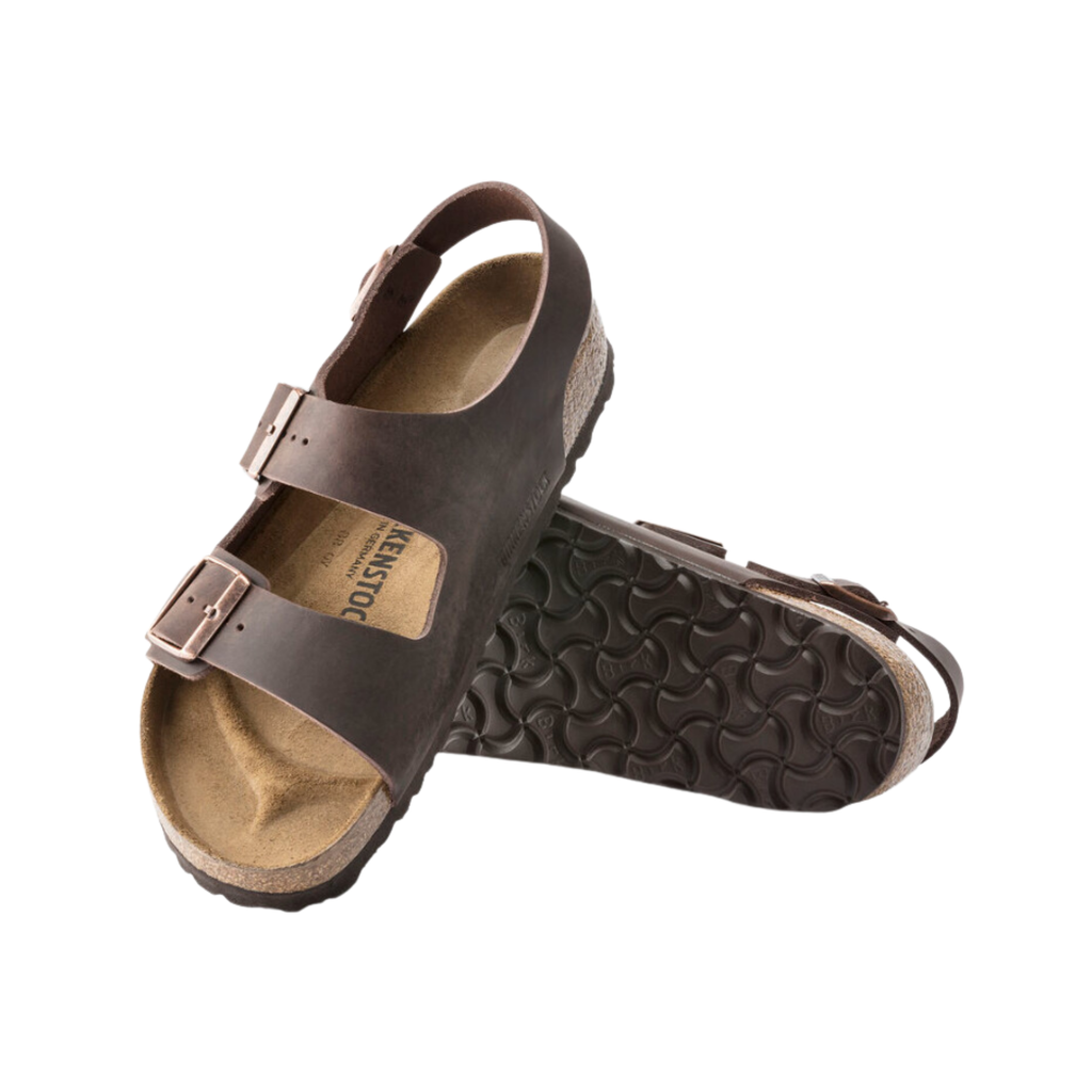 Top and bottom view of the Birkenstock Women’s Milano in Habana Oiled Leather displaying the premium oiled leather upper, adjustable three-strap system, raised toe bar, contoured cork-latex footbed with arch and heel support, and lightweight EVA outsole designed for flexibility, traction, and support for conditions such as plantar fasciitis, flat feet, overpronation, heel pain, heel spurs, metatarsalgia, bunions, and general foot fatigue.