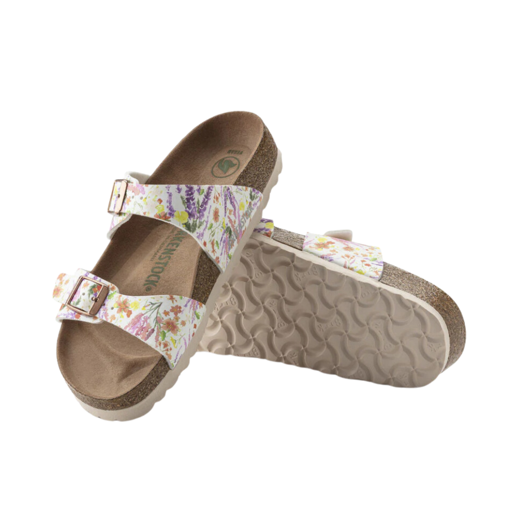 Top and bottom view of the Birkenstock Women’s Sydney Vegan in Summer Floral Rose Birko-Flor displaying the vibrant floral Birko-Flor upper, adjustable double buckle straps, breathable suede footbed lining, anatomically shaped cork-latex footbed with arch support and heel stabilization, and lightweight EVA outsole designed for flexibility, traction, and support for conditions such as plantar fasciitis, flat feet, overpronation, heel spurs, metatarsalgia, and general foot fatigue.