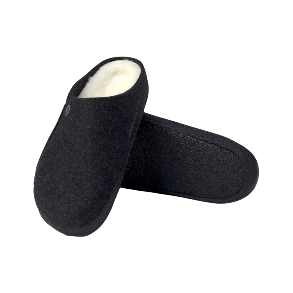 Top and bottom view of the Birkenstock Men’s Zermatt Shearling Slipper in Anthracite Wool Felt displaying the premium wool felt upper, genuine shearling lining, easy slip-on entry, anatomical cork-latex footbed with arch and heel support, and durable rubber outsole designed for warmth, traction, flexibility, and support for conditions such as plantar fasciitis, arthritis, flat feet, high arches, heel spurs, cold sensitivity, bunions, hammertoes, and general foot fatigue.