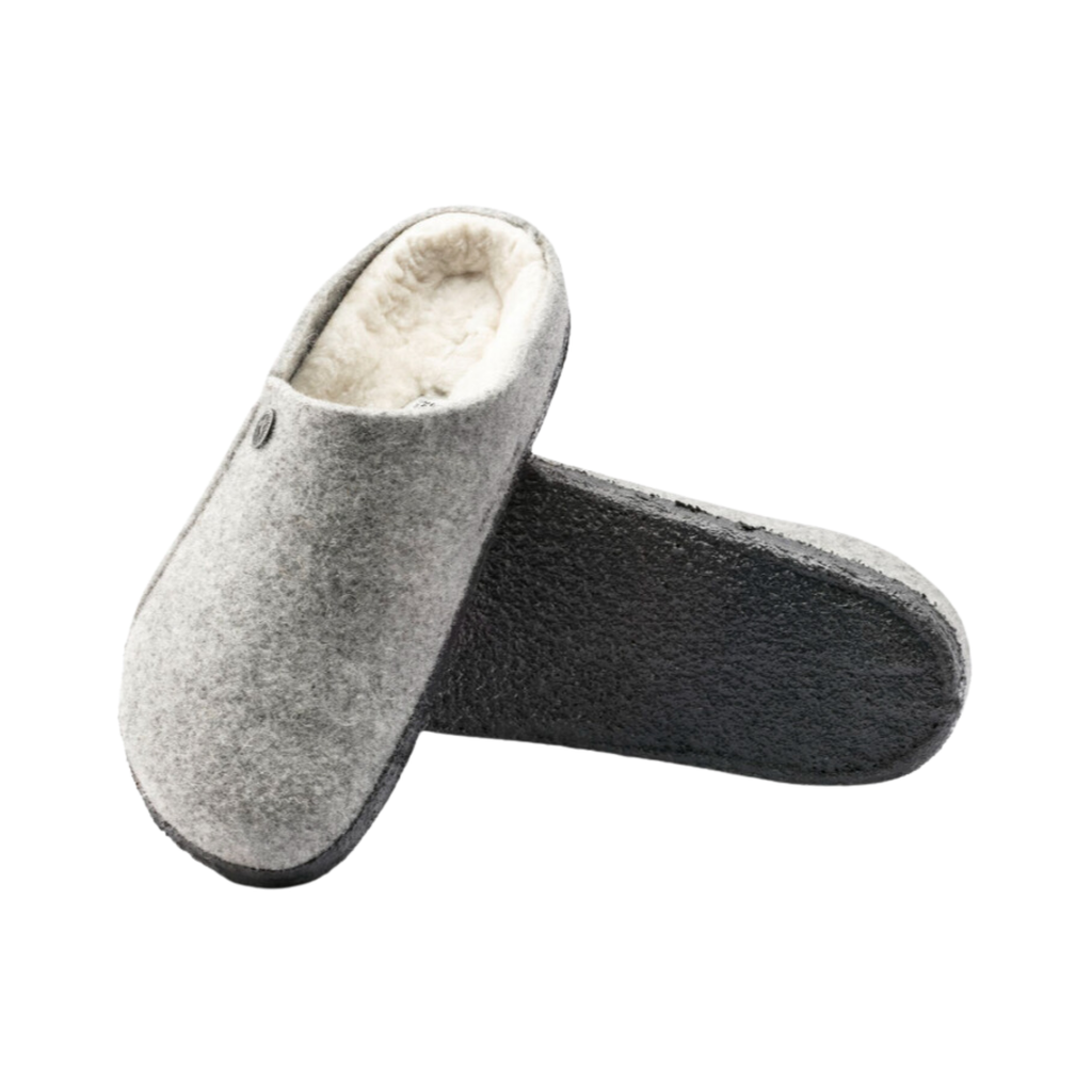 Top and bottom view of the Birkenstock Men’s Zermatt Shearling Slipper in Light Gray Wool Felt displaying the premium wool felt upper, genuine shearling interior, easy slip-on entry, anatomical cork-latex footbed with arch and heel support, and durable rubber outsole designed for warmth, traction, flexibility, and support for conditions such as plantar fasciitis, arthritis, flat feet, high arches, heel spurs, cold sensitivity, bunions, hammertoes, and general foot fatigue.