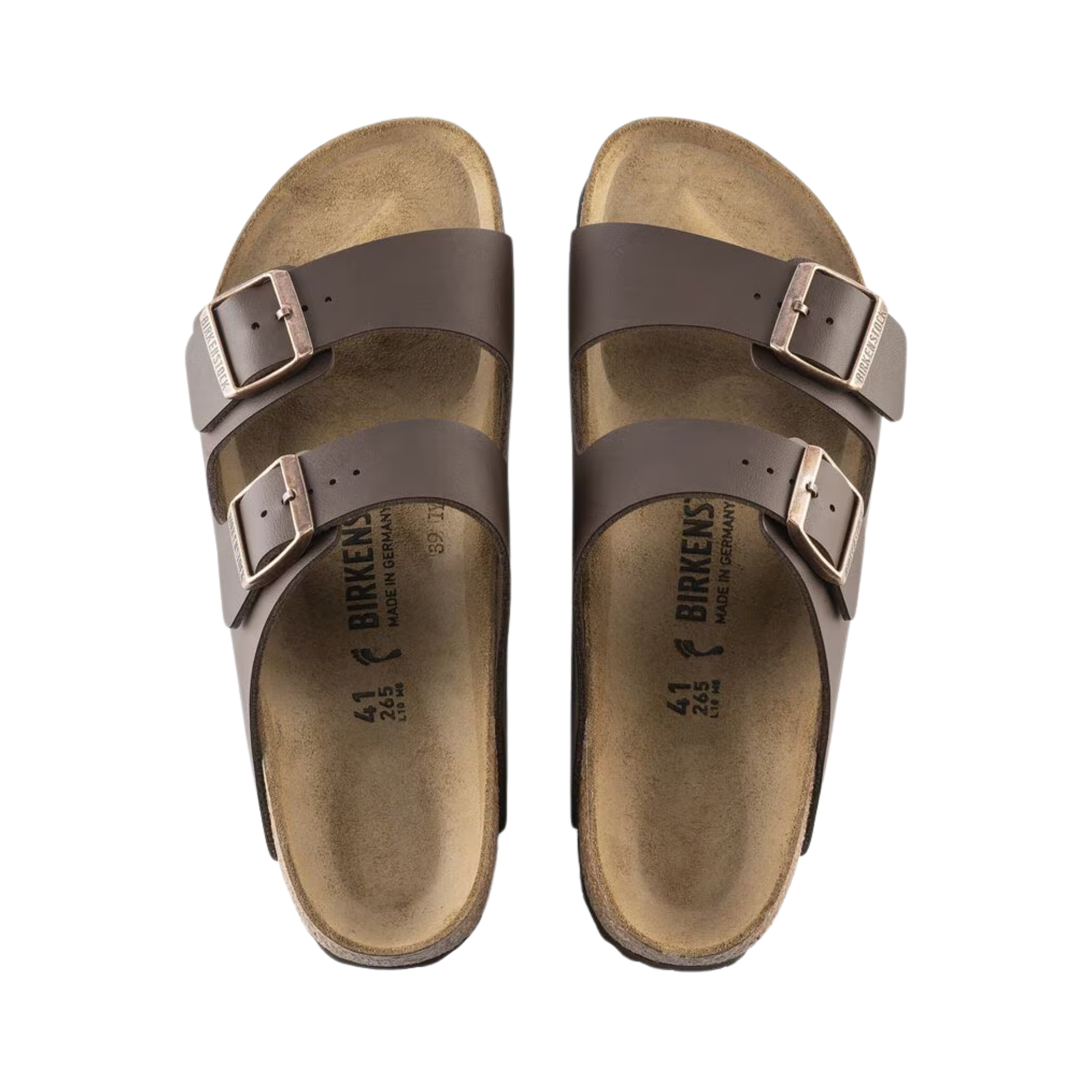 Top view of the Birkenstock Arizona in Dark Brown Birko-Flor displaying the smooth Birko-Flor upper, breathable suede footbed lining, adjustable dual buckle straps, anatomically shaped cork-latex footbed with arch and metatarsal support, and lightweight EVA outsole designed for flexibility, traction, and support for conditions such as plantar fasciitis, flat feet, heel spurs, heel pain, overpronation, metatarsalgia, and general foot fatigue.
