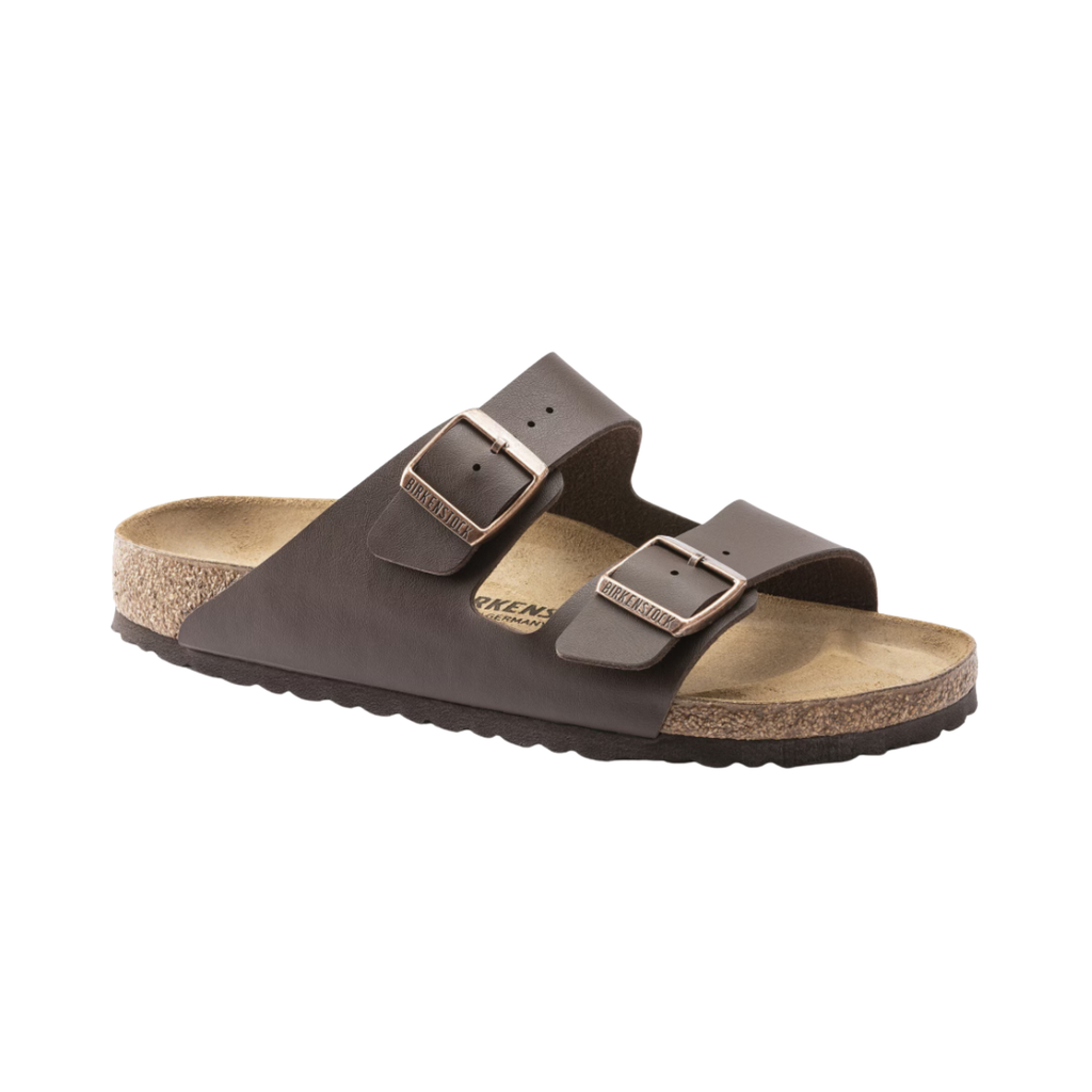 Birkenstock Arizona in Dark Brown Birko-Flor featuring a smooth, durable Birko-Flor upper, iconic dual-strap design with adjustable metal buckles, suede-lined anatomical cork-latex footbed, and lightweight EVA outsole designed for everyday comfort, stability, and long-lasting support.