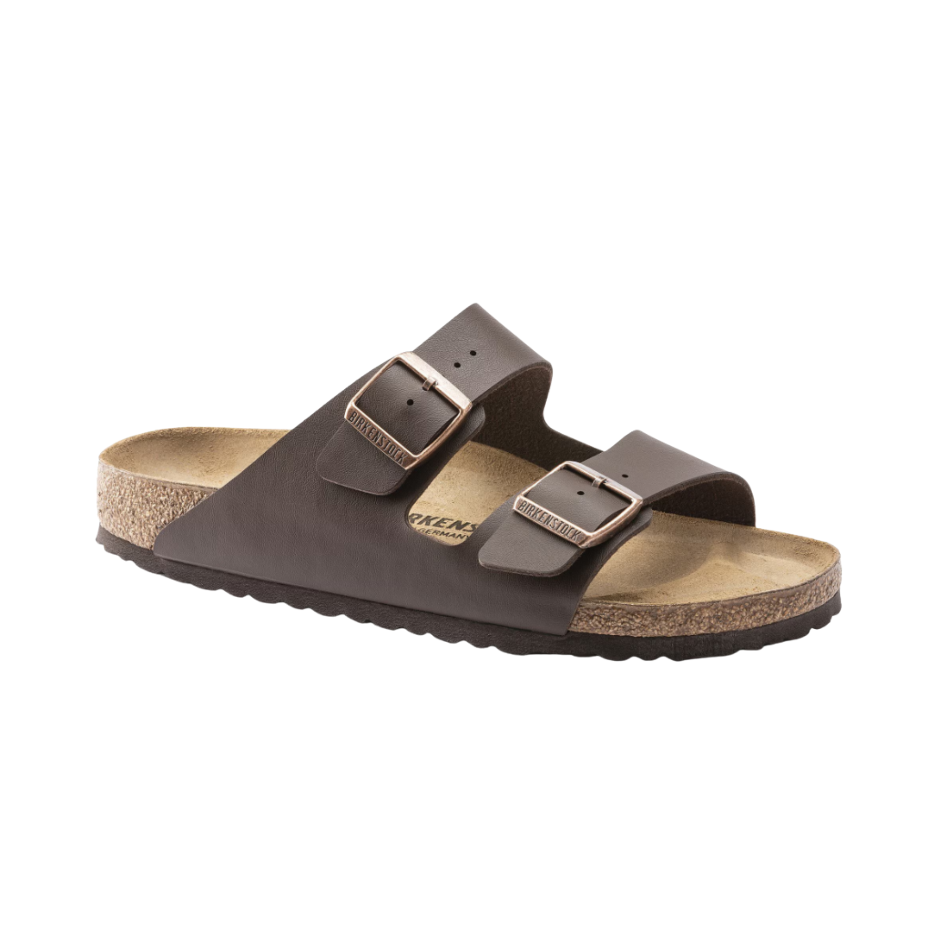 Birkenstock Arizona in Dark Brown Birko-Flor featuring a smooth, durable Birko-Flor upper, iconic dual-strap design with adjustable metal buckles, suede-lined anatomical cork-latex footbed, and lightweight EVA outsole designed for everyday comfort, stability, and long-lasting support.