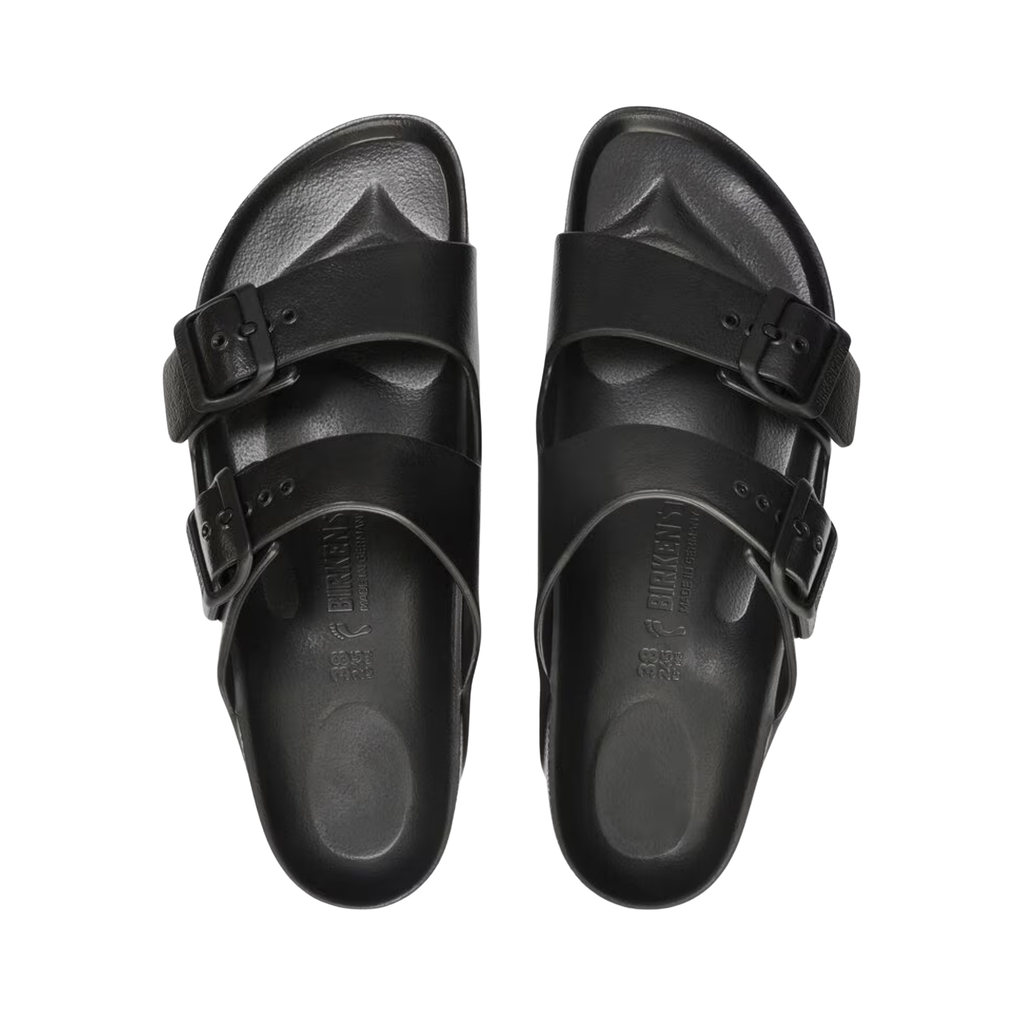Top view of the Birkenstock Arizona Essentials EVA in Black displaying the waterproof molded EVA upper, adjustable dual straps, anatomical footbed shape with arch support, deep heel cup, and lightweight EVA outsole designed for traction, shock absorption, and support for conditions such as plantar fasciitis, flat feet, overpronation, heel spurs, metatarsalgia, foot fatigue, and post-workout recovery.