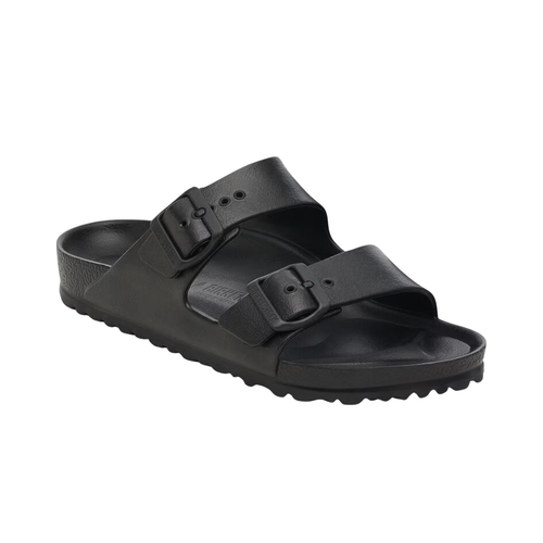 Side view of the Birkenstock Men’s Arizona Essential EVA in Black, showing the two adjustable straps, molded EVA upper, and contoured footbed for customizable support and alignment.