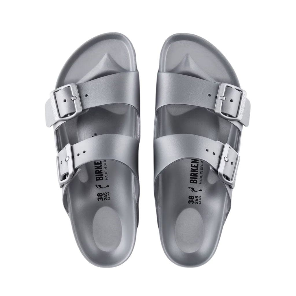 Top view of the Birkenstock Men’s Arizona Essential EVA in Black, showing the adjustable straps, contoured footbed with arch support, and open design for breathability and easy fit adjustments.