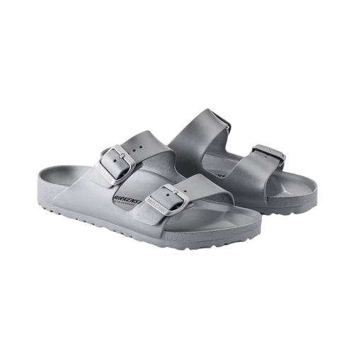 Side view of the Birkenstock Men’s Arizona Essential EVA in Metallic Silver, showing the two adjustable straps, molded EVA upper, and contoured footbed for customizable support and alignment.