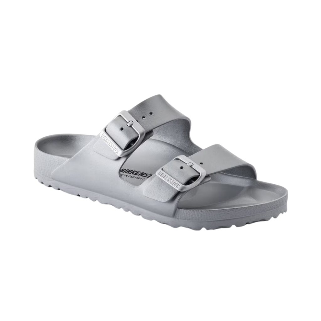 Side view of the Birkenstock Men’s Arizona Essential EVA in Metallic Silver, showing the two adjustable straps, molded EVA upper, and contoured footbed for customizable support and alignment.