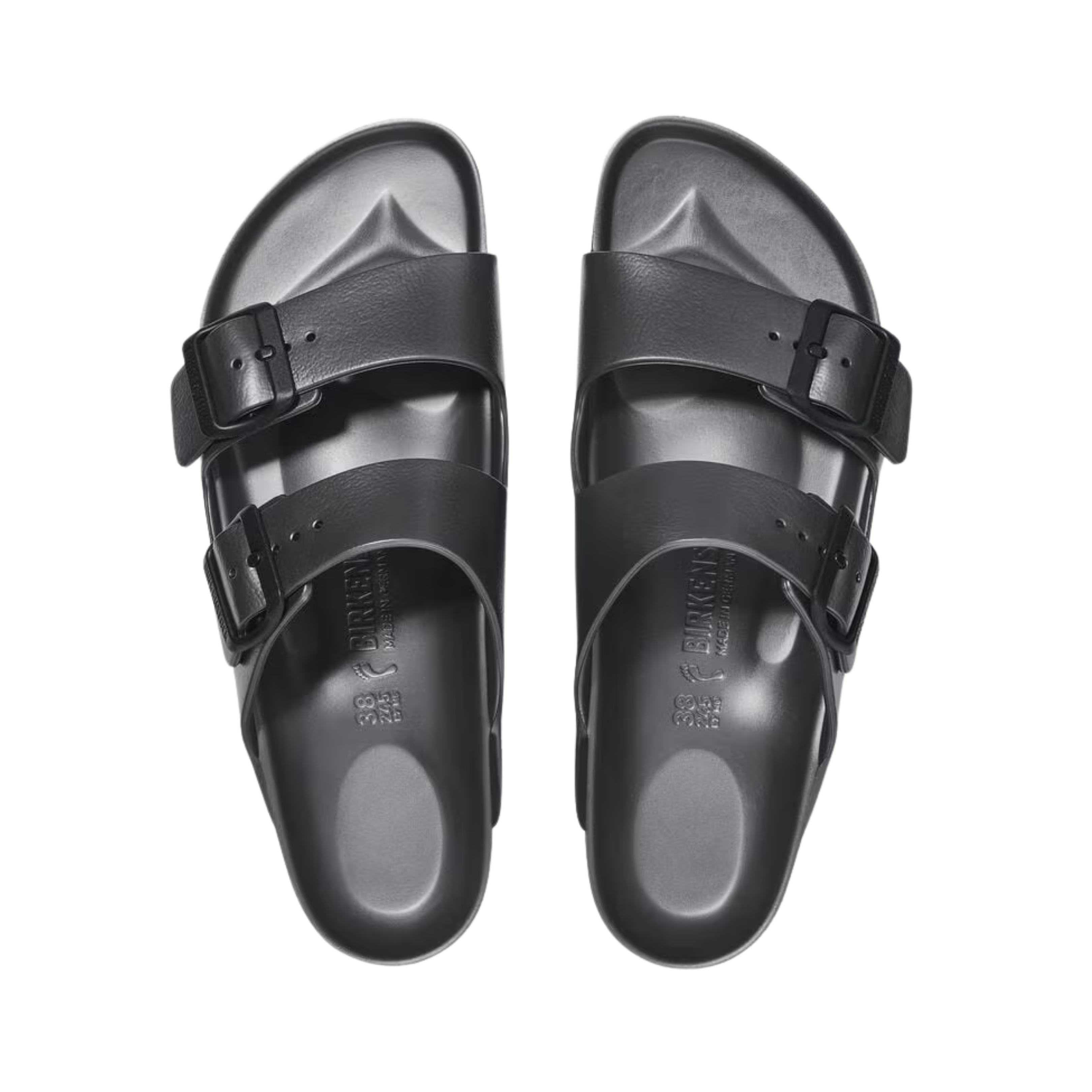 Top view of the Birkenstock Men’s Arizona Essential EVA in Metallic Anthracite, showing the adjustable straps, contoured footbed with arch support, and open design for breathability and easy fit adjustments.