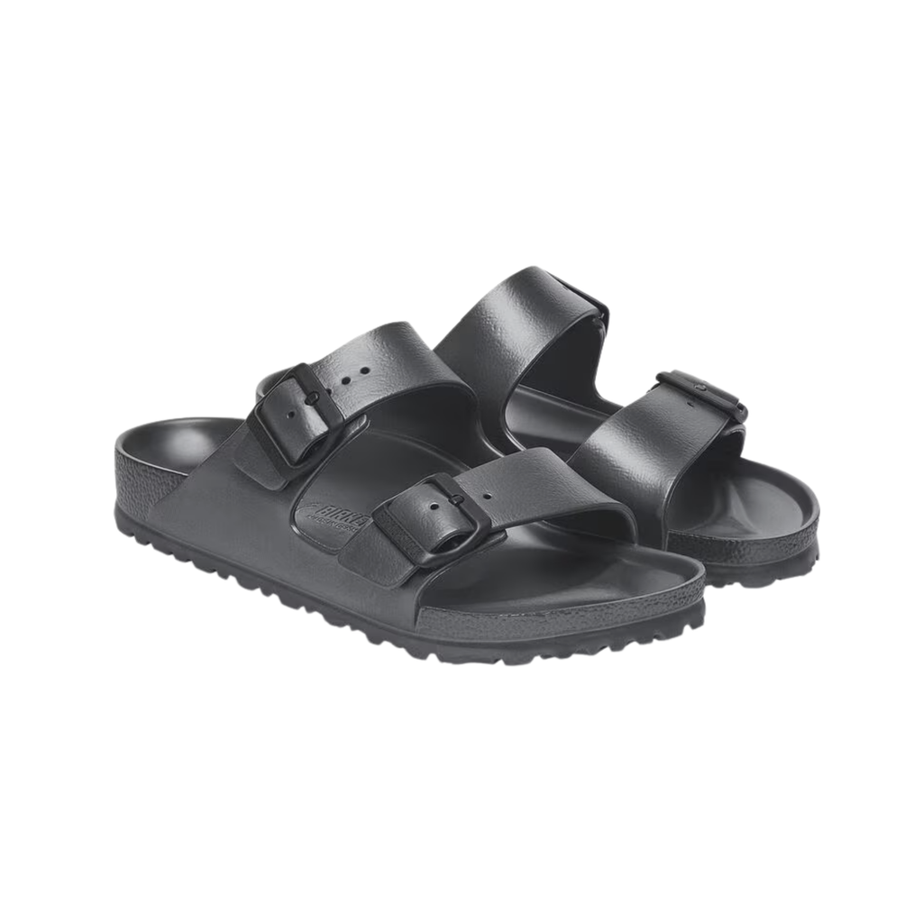 Side view of the Birkenstock Men’s Arizona Essential EVA in Metallic Anthracite, showing the two adjustable straps, molded EVA upper, and contoured footbed for customizable support and alignment.