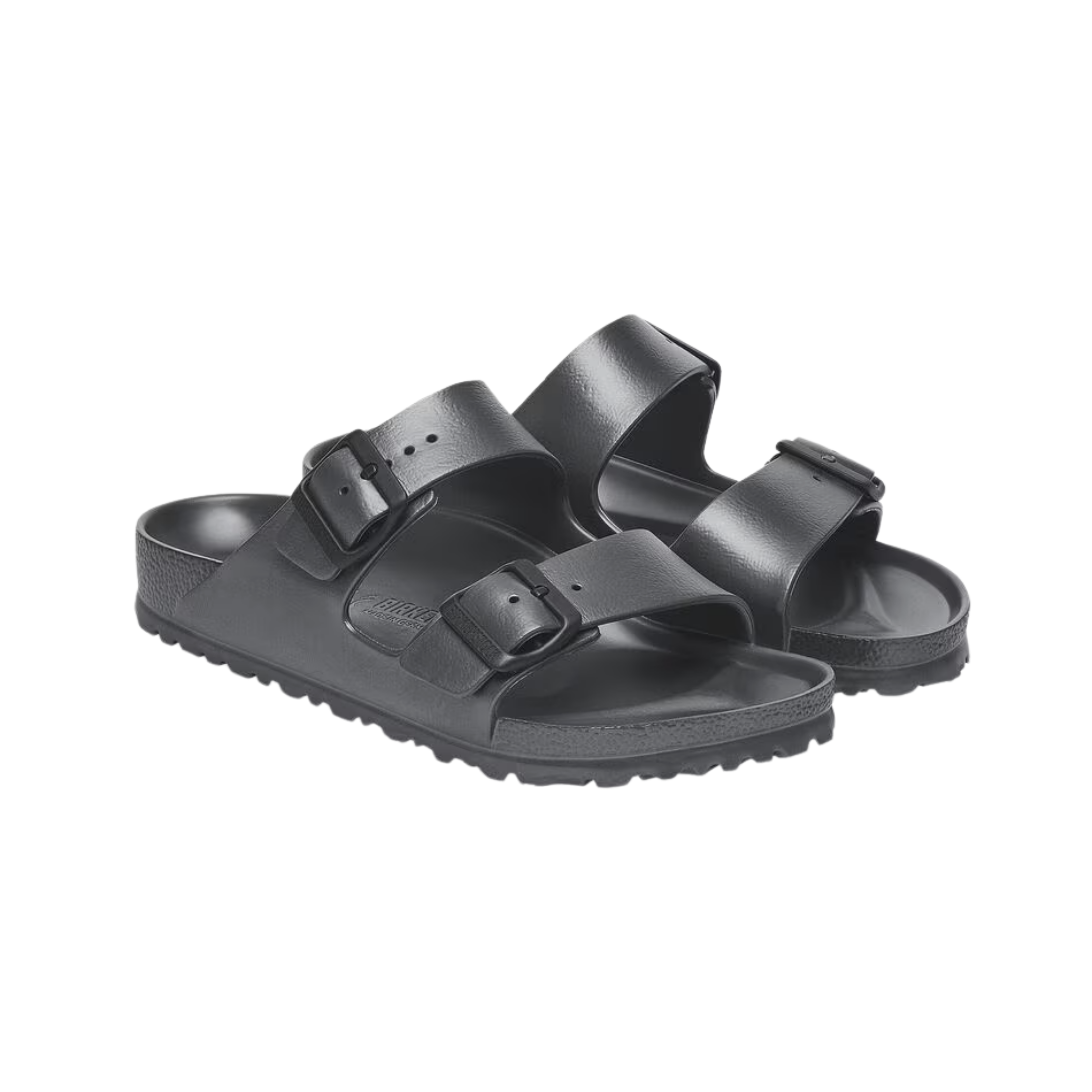 Side view of the Birkenstock Men’s Arizona Essential EVA in Metallic Anthracite, showing the two adjustable straps, molded EVA upper, and contoured footbed for customizable support and alignment.