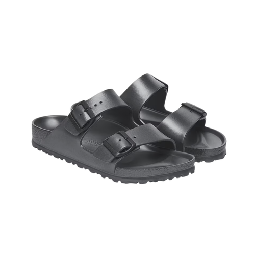 Side view of the Birkenstock Men’s Arizona Essential EVA in Metallic Anthracite, showing the two adjustable straps, molded EVA upper, and contoured footbed for customizable support and alignment.
