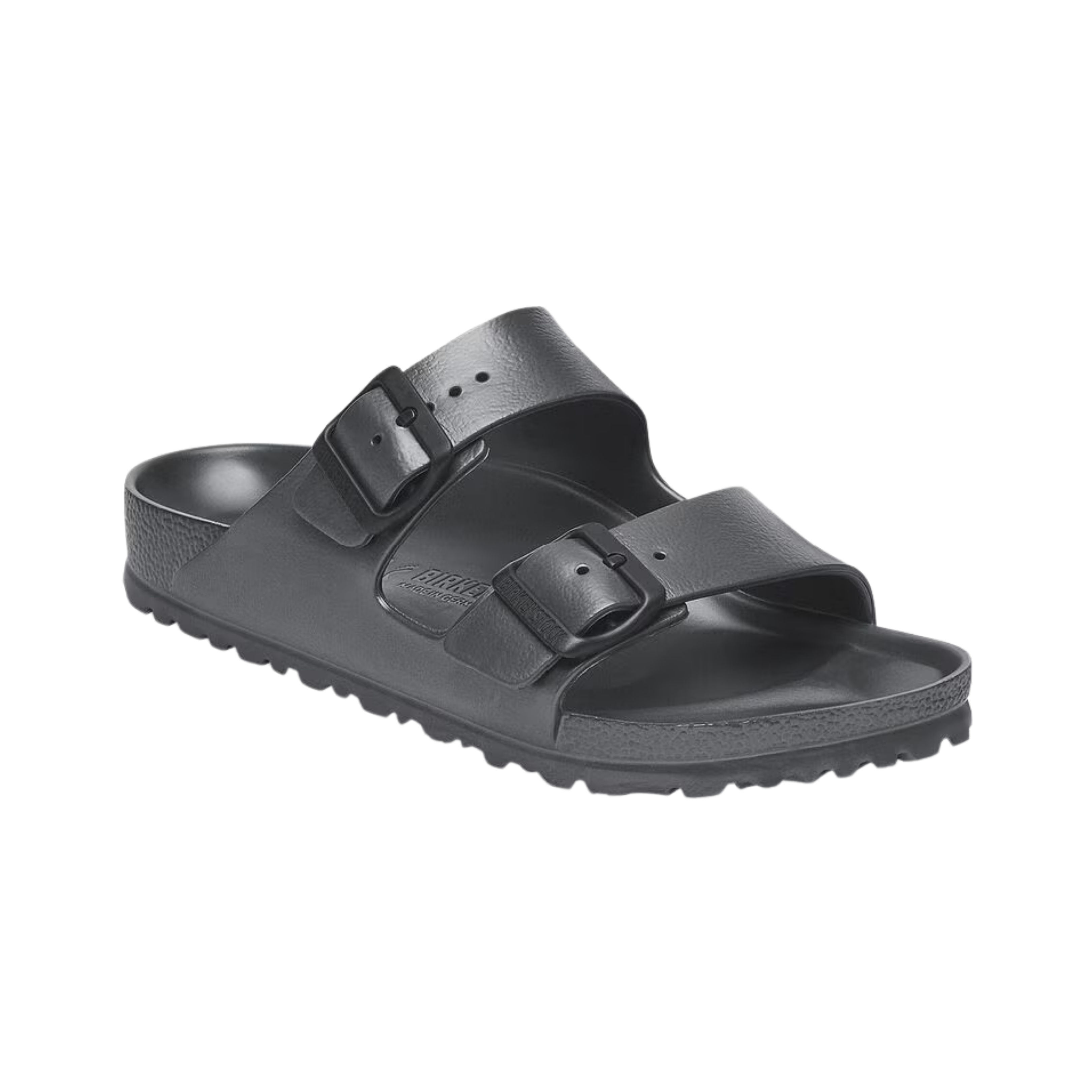 Side view of the Birkenstock Men’s Arizona Essential EVA in Metallic Anthracite, showing the two adjustable straps, molded EVA upper, and contoured footbed for customizable support and alignment.