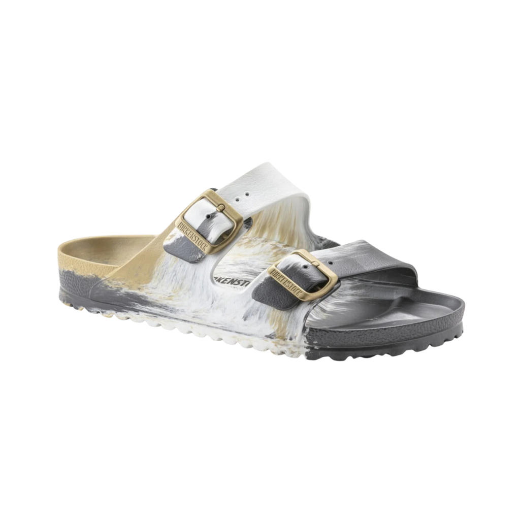 Side view of the Birkenstock Men’s Arizona Essential EVA in Multi Glamour Gold, showing the two adjustable straps, molded EVA upper, and contoured footbed for customizable support and alignment.