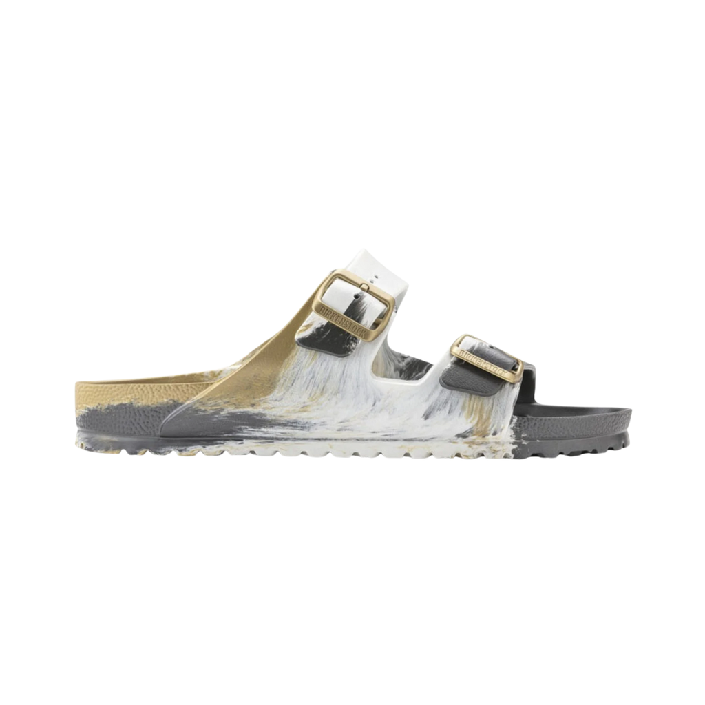 Side view of the Birkenstock Men’s Arizona Essential EVA in Multi Glamour Gold, showing the two adjustable straps, molded EVA upper, and contoured footbed for customizable support and alignment.
