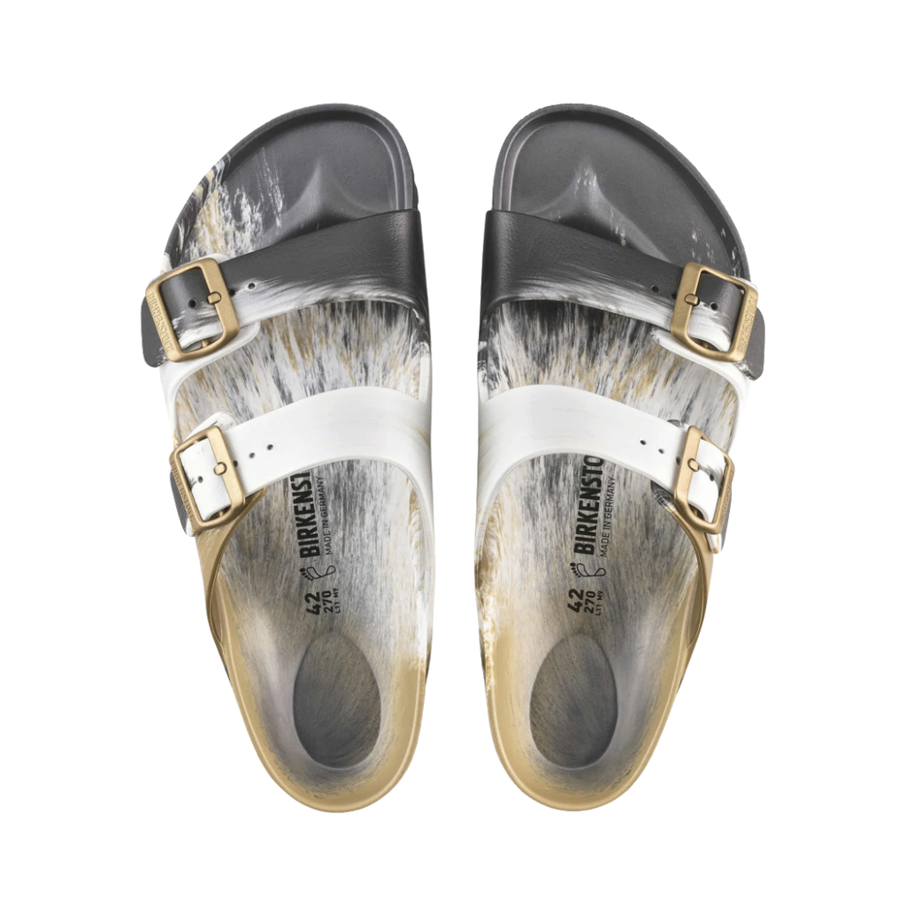 Top view of the Birkenstock Men’s Arizona Essential EVA in Multi Glamour Gold, showing the adjustable straps, contoured footbed with arch support, and open design for breathability and easy fit adjustments.