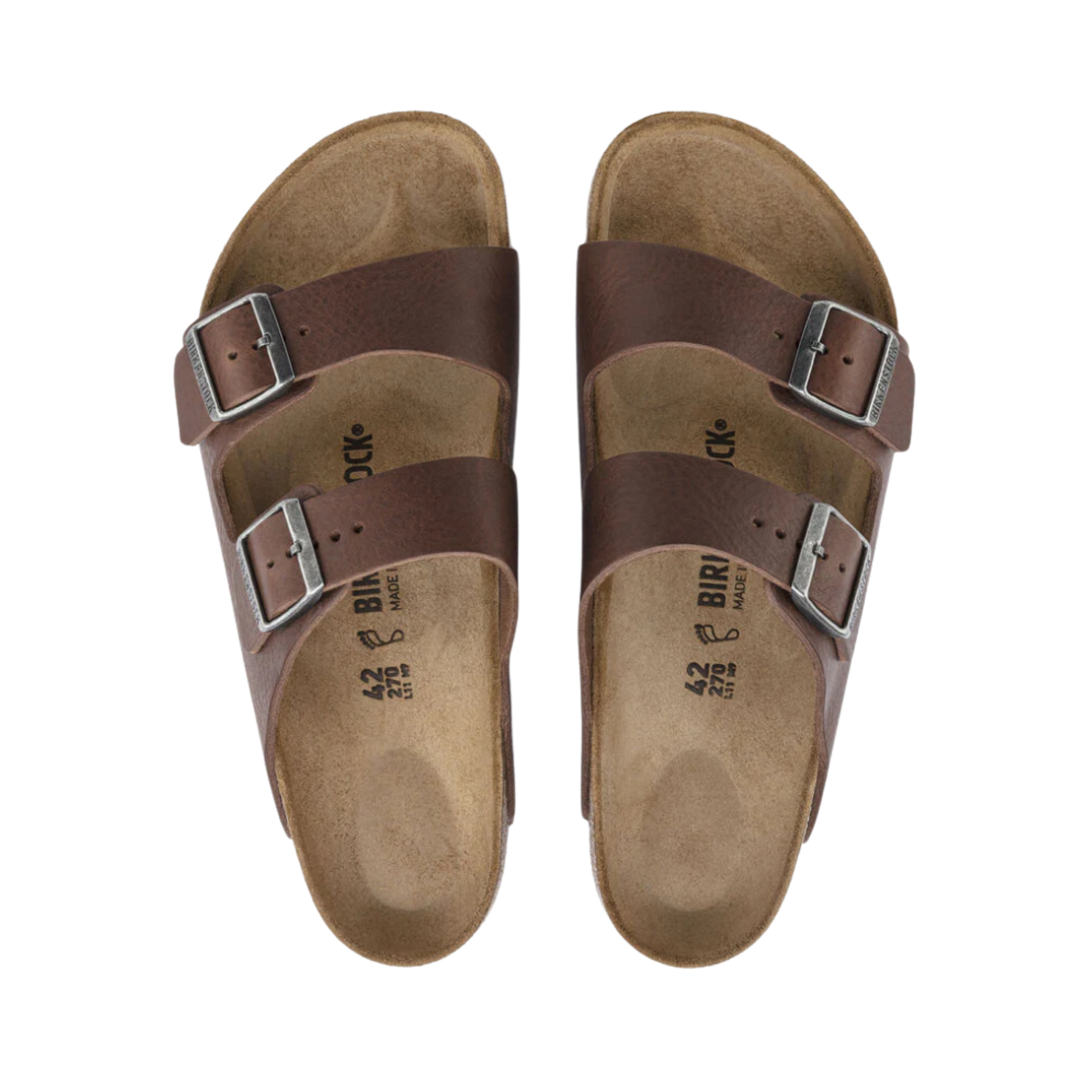 Top view of the Birkenstock Men’s Arizona in Vintage Wood Roast Leather displaying the rich vintage-finished oiled leather upper, dual adjustable buckle straps, raised toe bar, contoured arch support, and anatomically shaped cork-latex footbed designed to mold to your feet for personalized comfort.