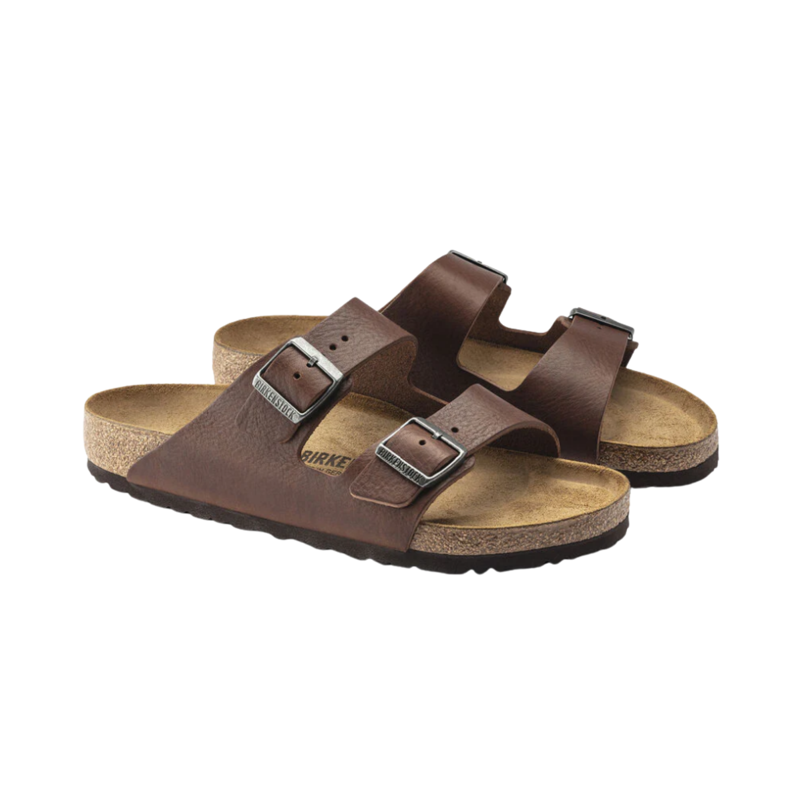 Birkenstock Men’s Arizona in Vintage Wood Roast Leather featuring a premium oiled leather upper with a rugged vintage finish, iconic dual-strap design with adjustable metal pin buckles, anatomically shaped cork-latex footbed, and lightweight EVA outsole built for lasting comfort and everyday support.