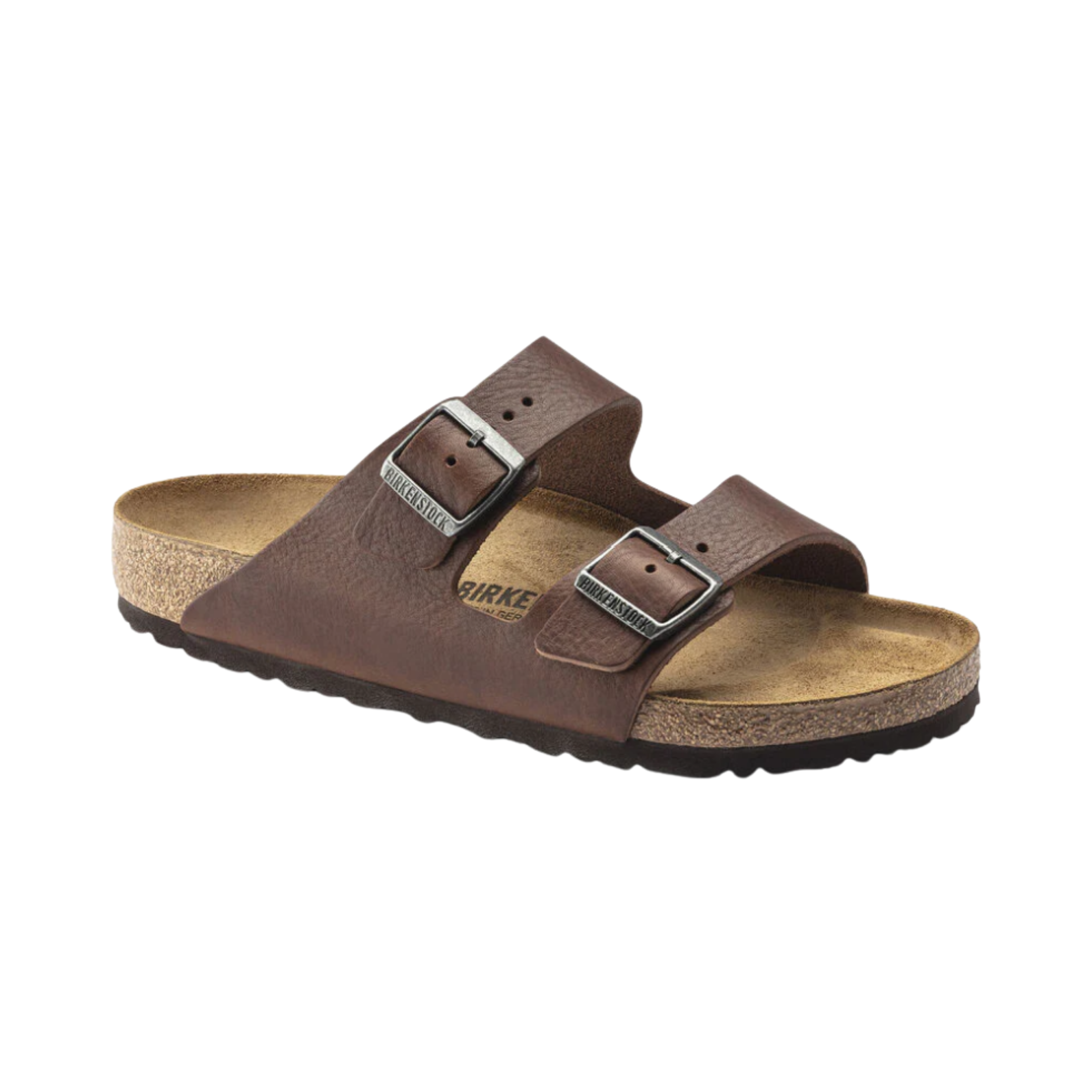 Birkenstock Men’s Arizona in Vintage Wood Roast Leather featuring a premium oiled leather upper with a rugged vintage finish, iconic dual-strap design with adjustable metal pin buckles, anatomically shaped cork-latex footbed, and lightweight EVA outsole built for lasting comfort and everyday support.