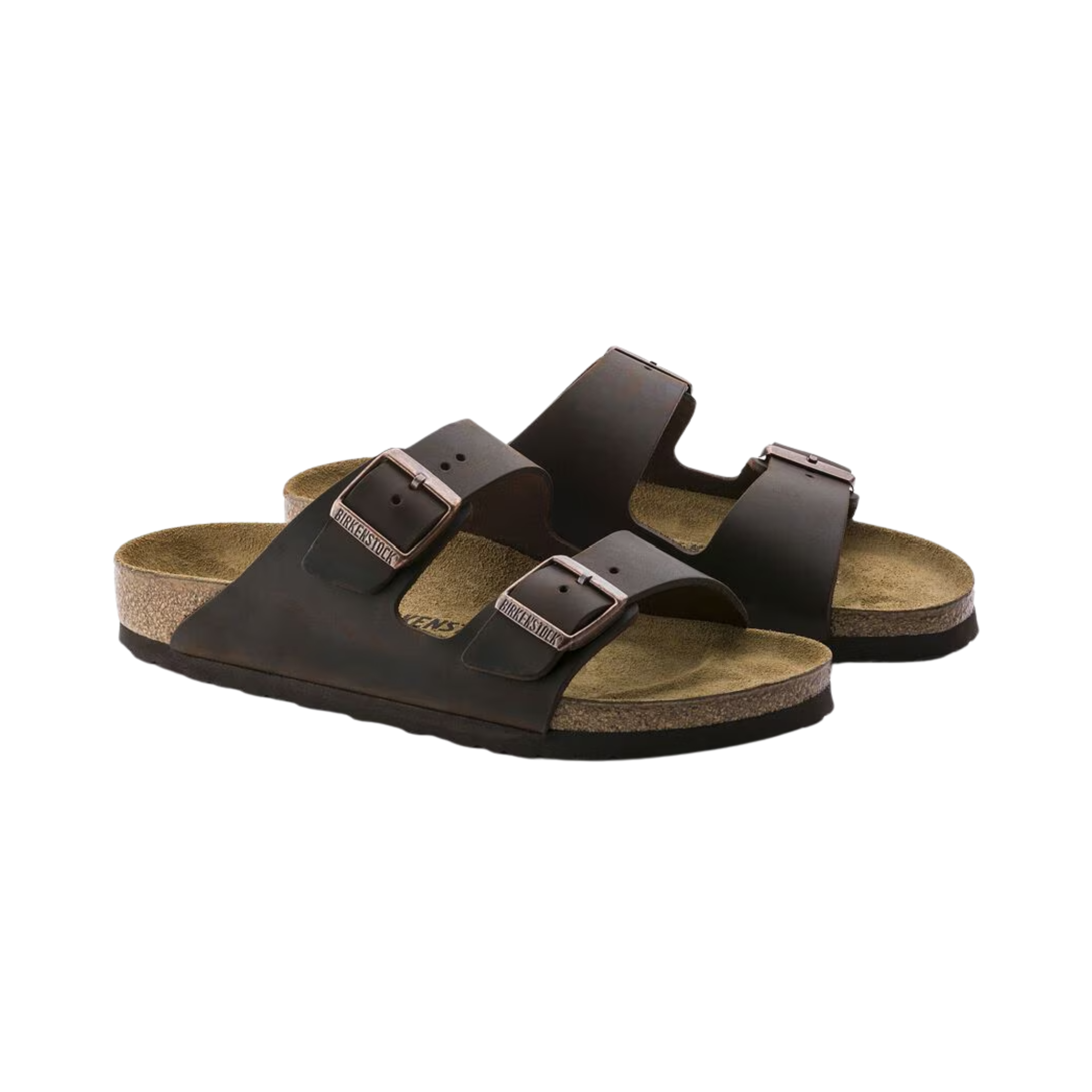 Side view of the Birkenstock Unisex Arizona in Habana Oiled Leather, showing the classic two-strap design, rich oiled leather upper, and anatomically shaped cork-latex footbed for supportive everyday comfort.