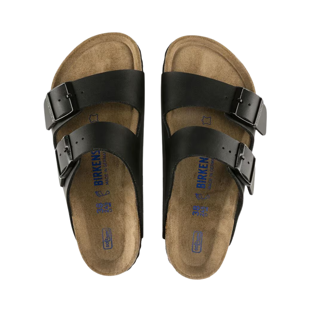 Top view of the Birkenstock Men’s Arizona Soft Footbed Birko-Flor in Black, showing the two adjustable straps, breathable suede footbed lining, and extra-latex-cushioned soft footbed for all-day comfort.