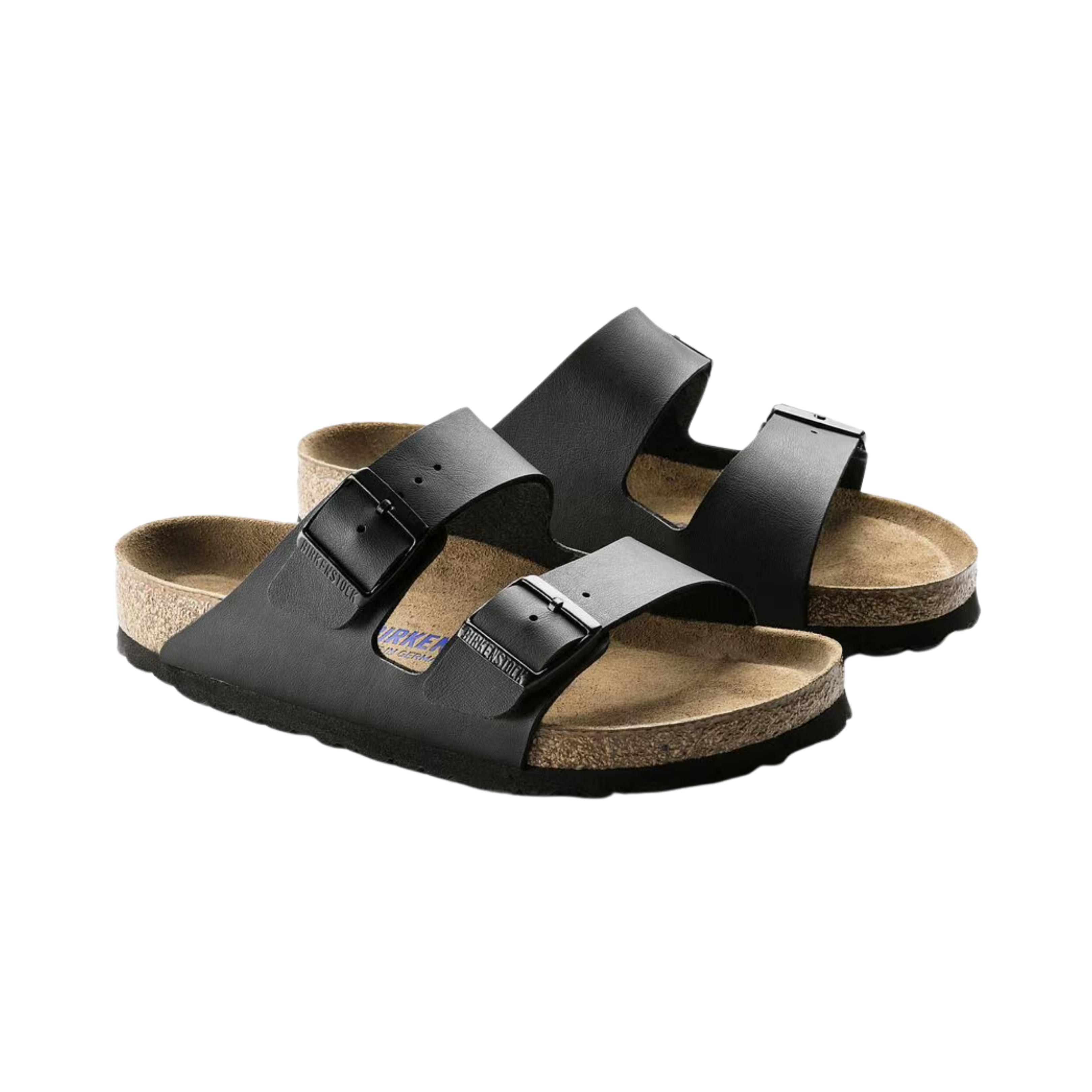 Side view of the Birkenstock Men’s Arizona Soft Footbed Birko-Flor in Black, showing the dual adjustable straps, smooth Birko-Flor upper, and contoured cork-latex footbed for arch support and comfort.