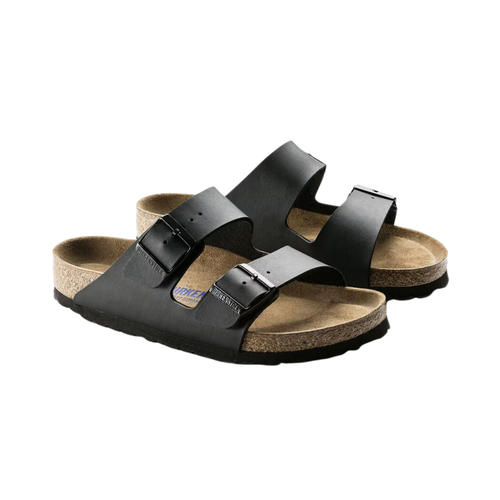Side view of the Birkenstock Men’s Arizona Soft Footbed Birko-Flor in Black, showing the dual adjustable straps, smooth Birko-Flor upper, and contoured cork-latex footbed for arch support and comfort.