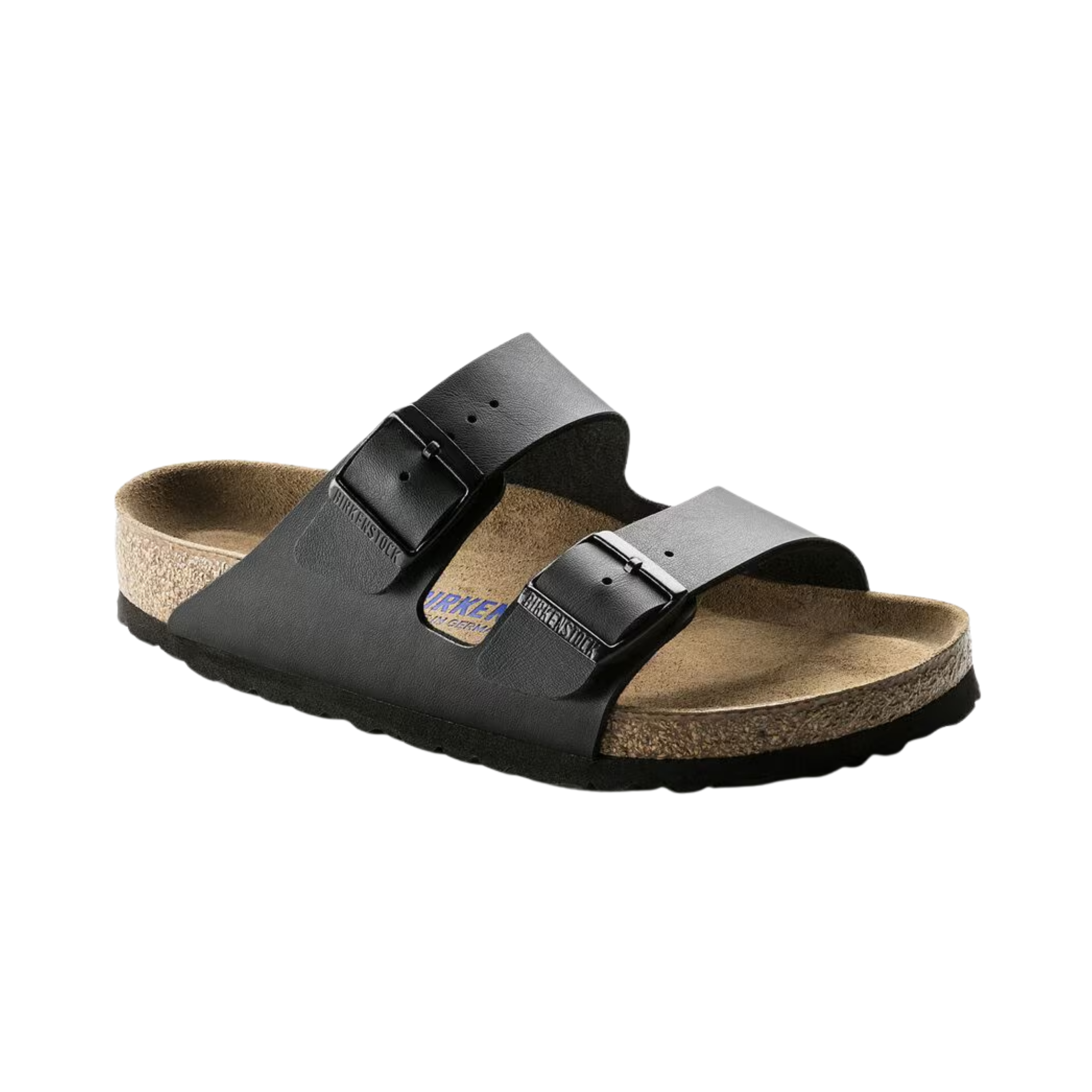 Side view of the Birkenstock Men’s Arizona Soft Footbed Birko-Flor in Black, showing the dual adjustable straps, smooth Birko-Flor upper, and contoured cork-latex footbed for arch support and comfort.