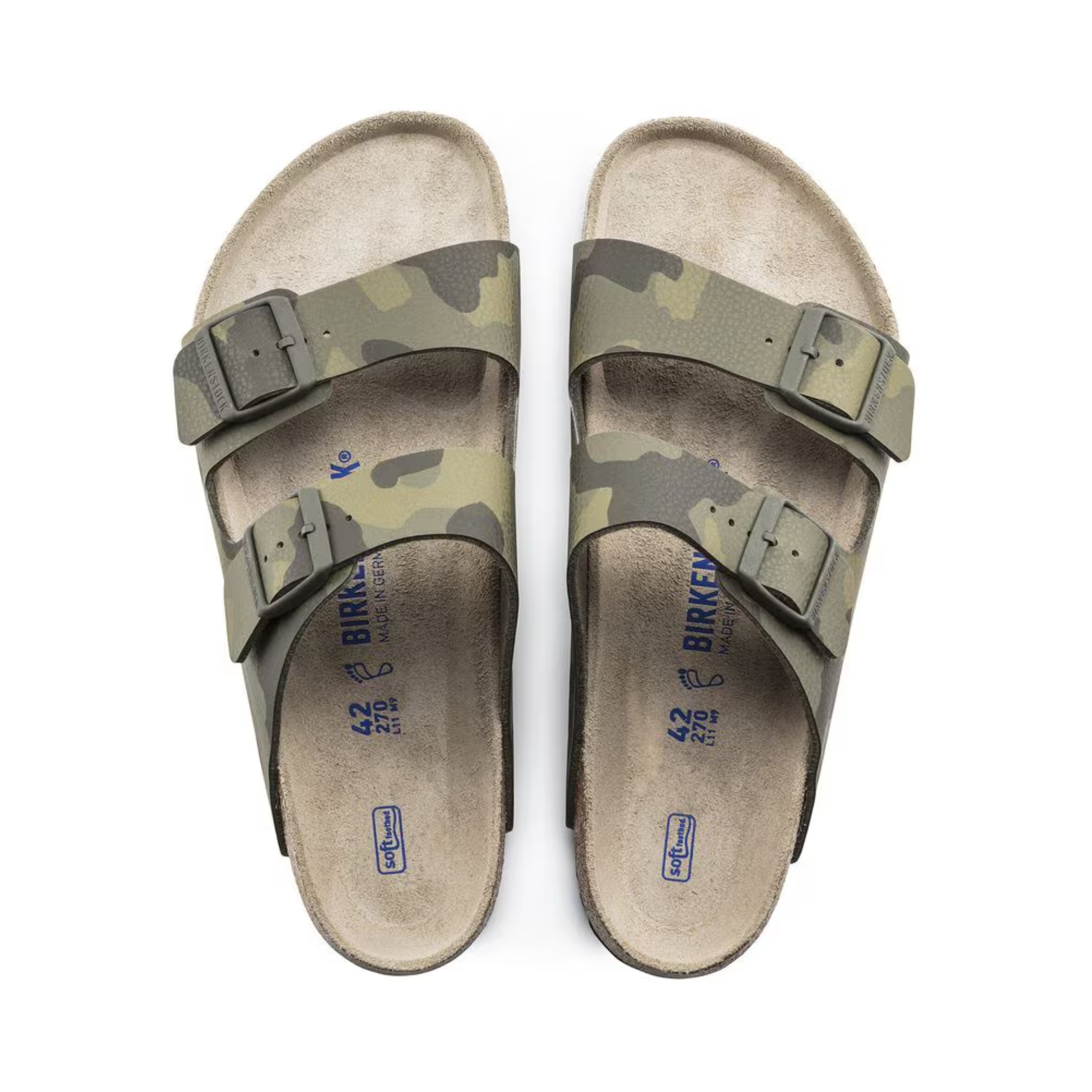 Top view of the Birkenstock Women’s Arizona Birko-Flor in Desert Soil Camo Green, showing the adjustable straps, breathable suede footbed lining, and contoured cork-latex footbed for a personalized fit and long-lasting comfort.