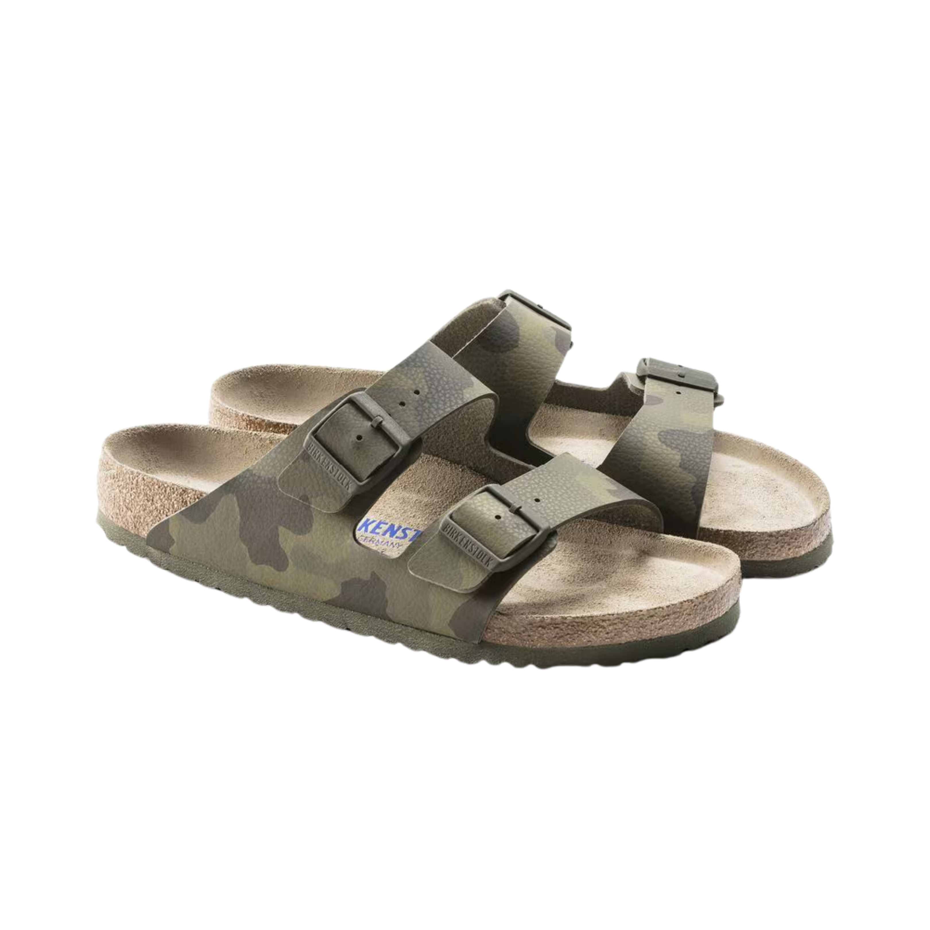 Side view of the Birkenstock Women’s Arizona Birko-Flor in Desert Soil Camo Green, showing the two adjustable straps, smooth Birko-Flor upper, and contoured cork-latex footbed for customized comfort and arch support.