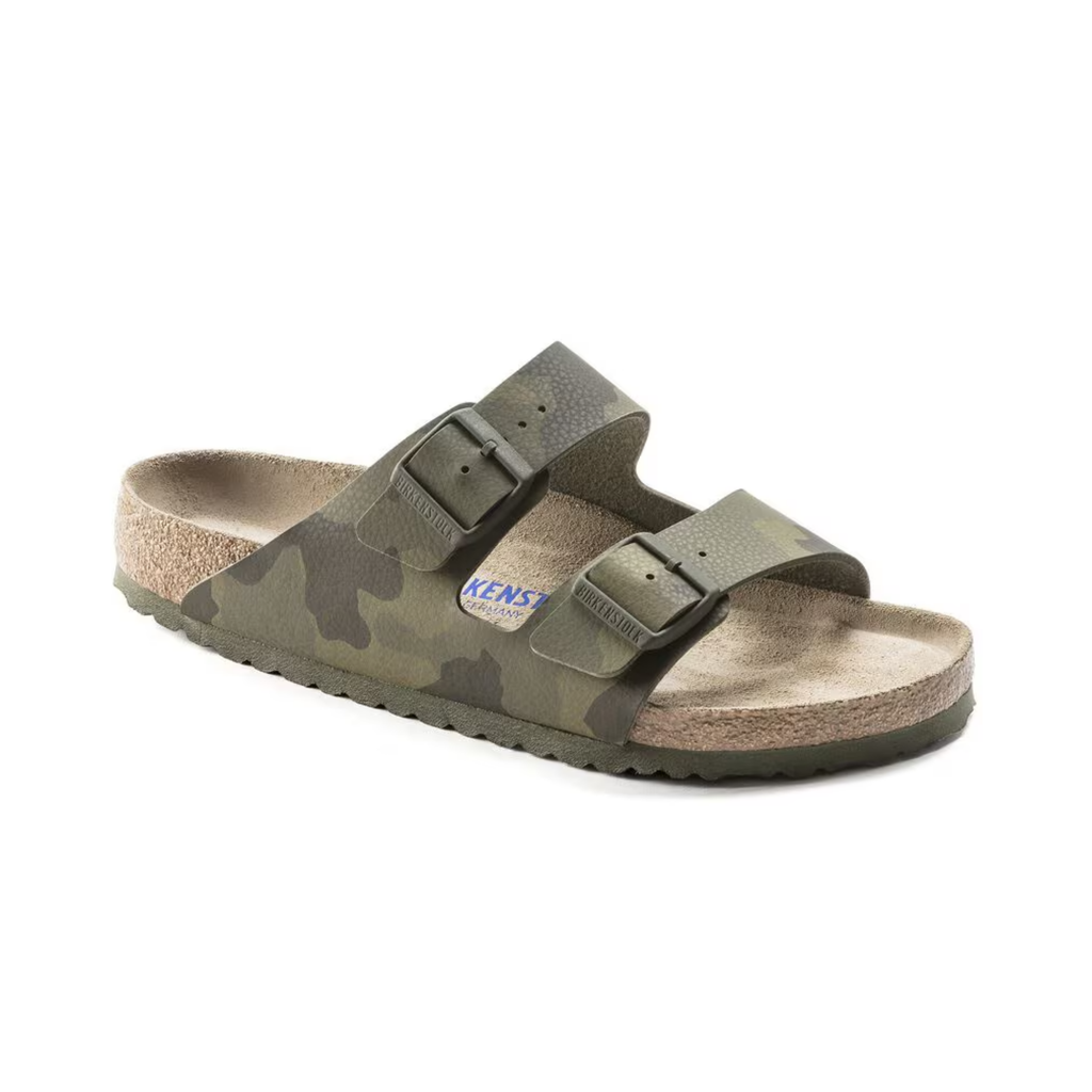Side view of the Birkenstock Women’s Arizona Birko-Flor in Desert Soil Camo Green, showing the two adjustable straps, smooth Birko-Flor upper, and contoured cork-latex footbed for customized comfort and arch support.