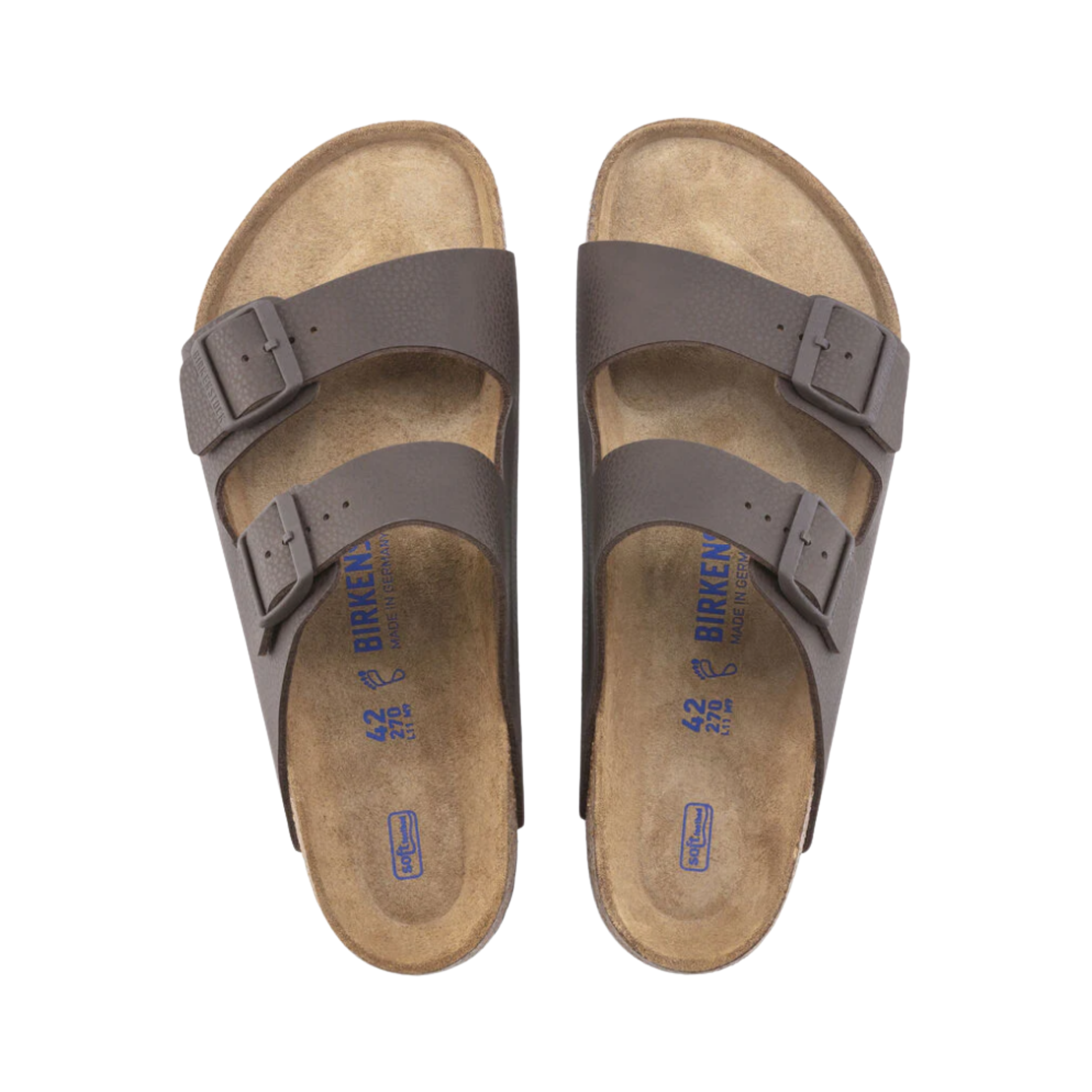 Top view of the Birkenstock Men’s Arizona Soft Footbed Birko-Flor in Desert Soil Chocolate, showing the two adjustable straps, breathable suede footbed lining, and extra-latex-cushioned soft footbed for all-day comfort.
