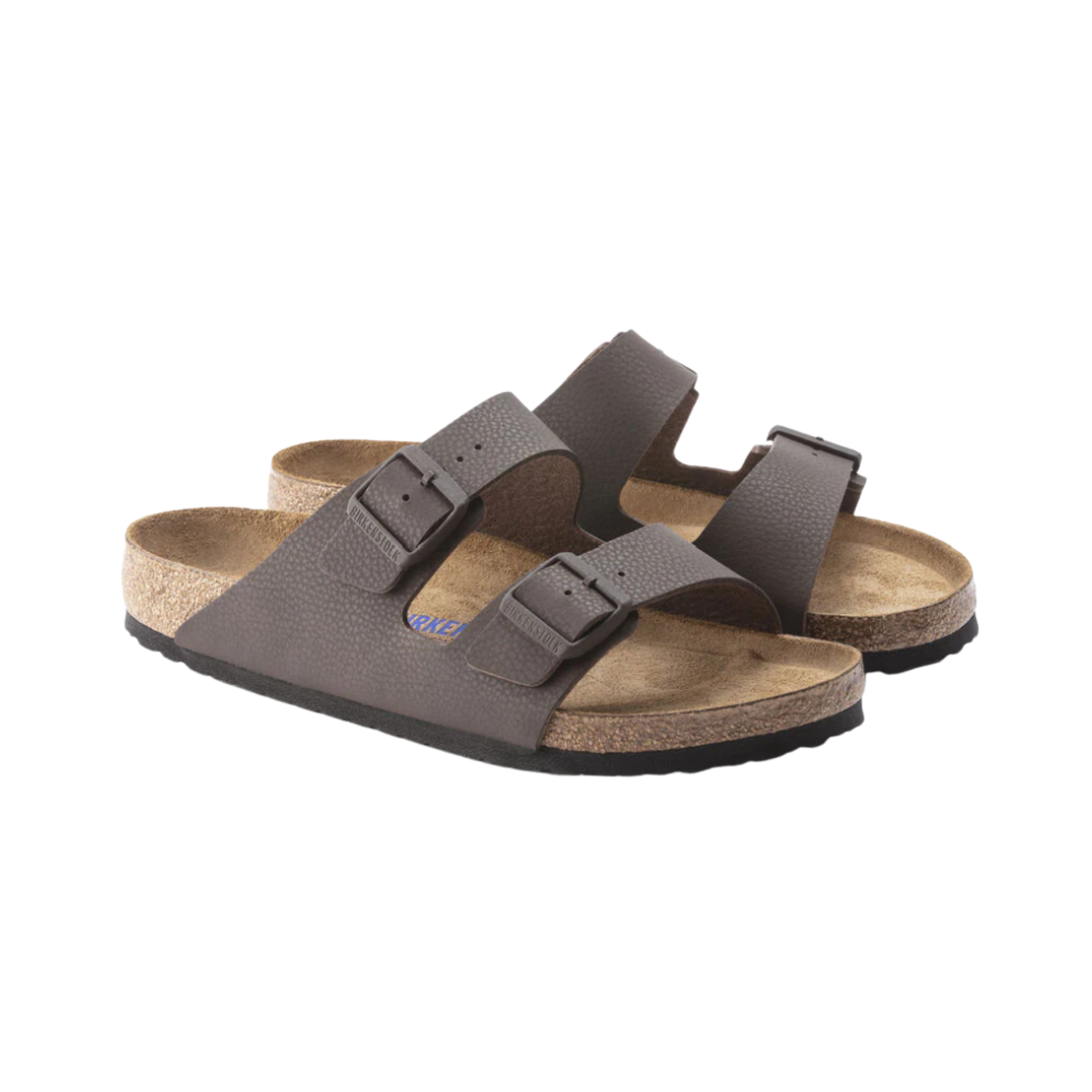 Side view of the Birkenstock Men’s Arizona Soft Footbed Birko-Flor in Desert Soil Chocolate, showing the dual adjustable straps, smooth Birko-Flor upper, and contoured cork-latex footbed for arch support and comfort.