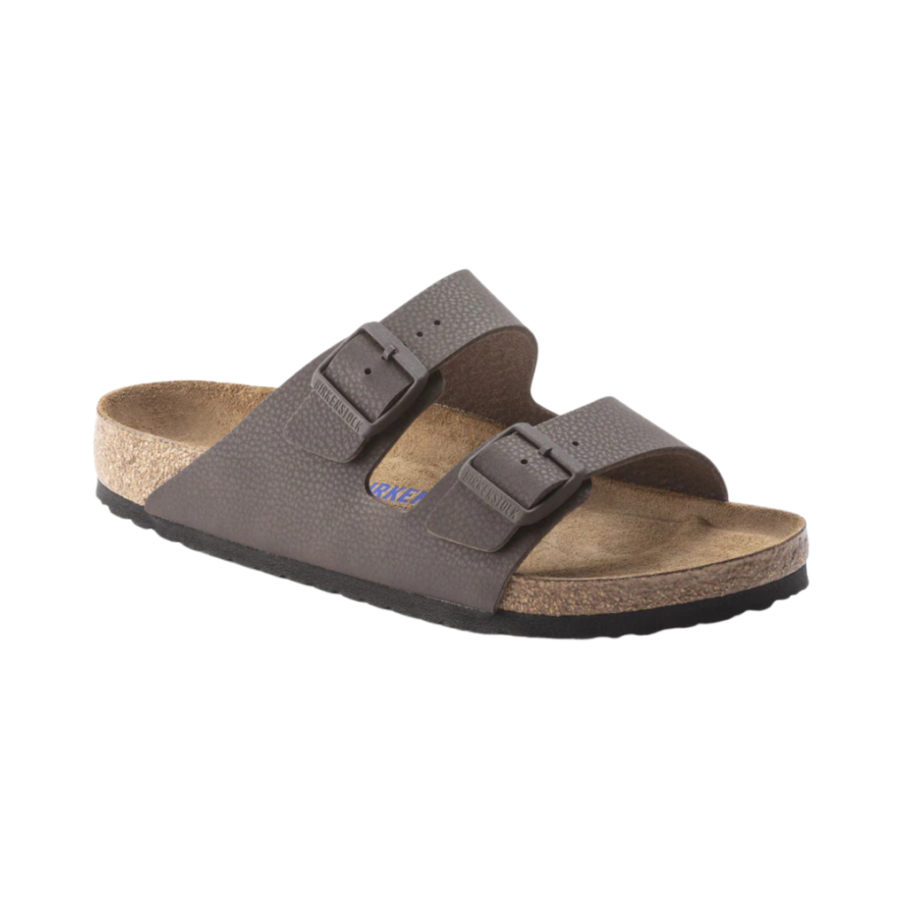Side view of the Birkenstock Men’s Arizona Soft Footbed Birko-Flor in Desert Soil Chocolate, showing the dual adjustable straps, smooth Birko-Flor upper, and contoured cork-latex footbed for arch support and comfort.