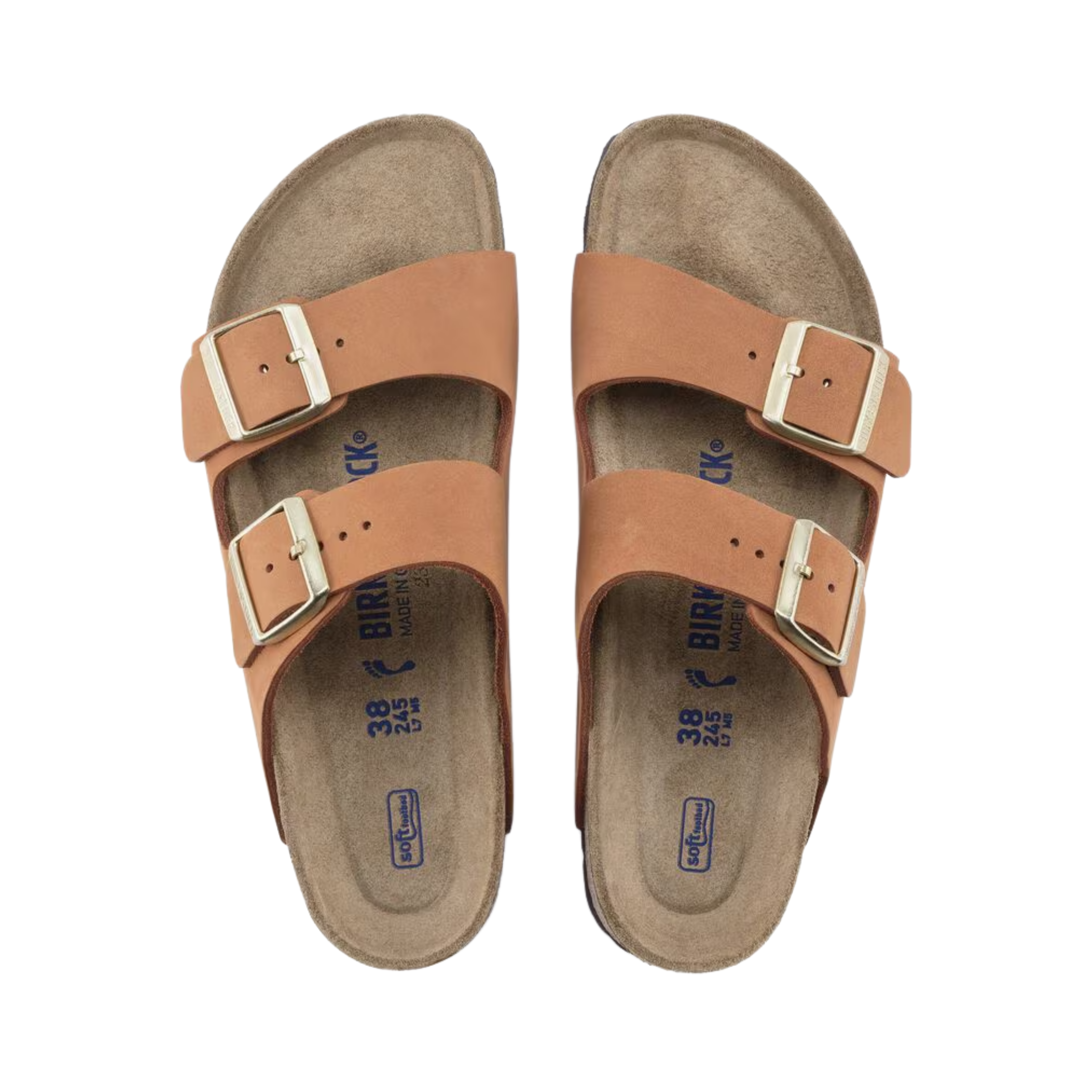Top view of the Birkenstock Women’s Arizona Soft Footbed in Pecan Nubuck Leather displaying the premium nubuck leather upper, adjustable dual buckle straps, soft suede footbed lining, anatomically shaped cork-latex Soft Footbed with arch and heel support, and lightweight EVA outsole designed for flexibility, traction, and support for conditions such as plantar fasciitis, flat feet, metatarsalgia, heel spurs, arthritis, joint pain, and overpronation.