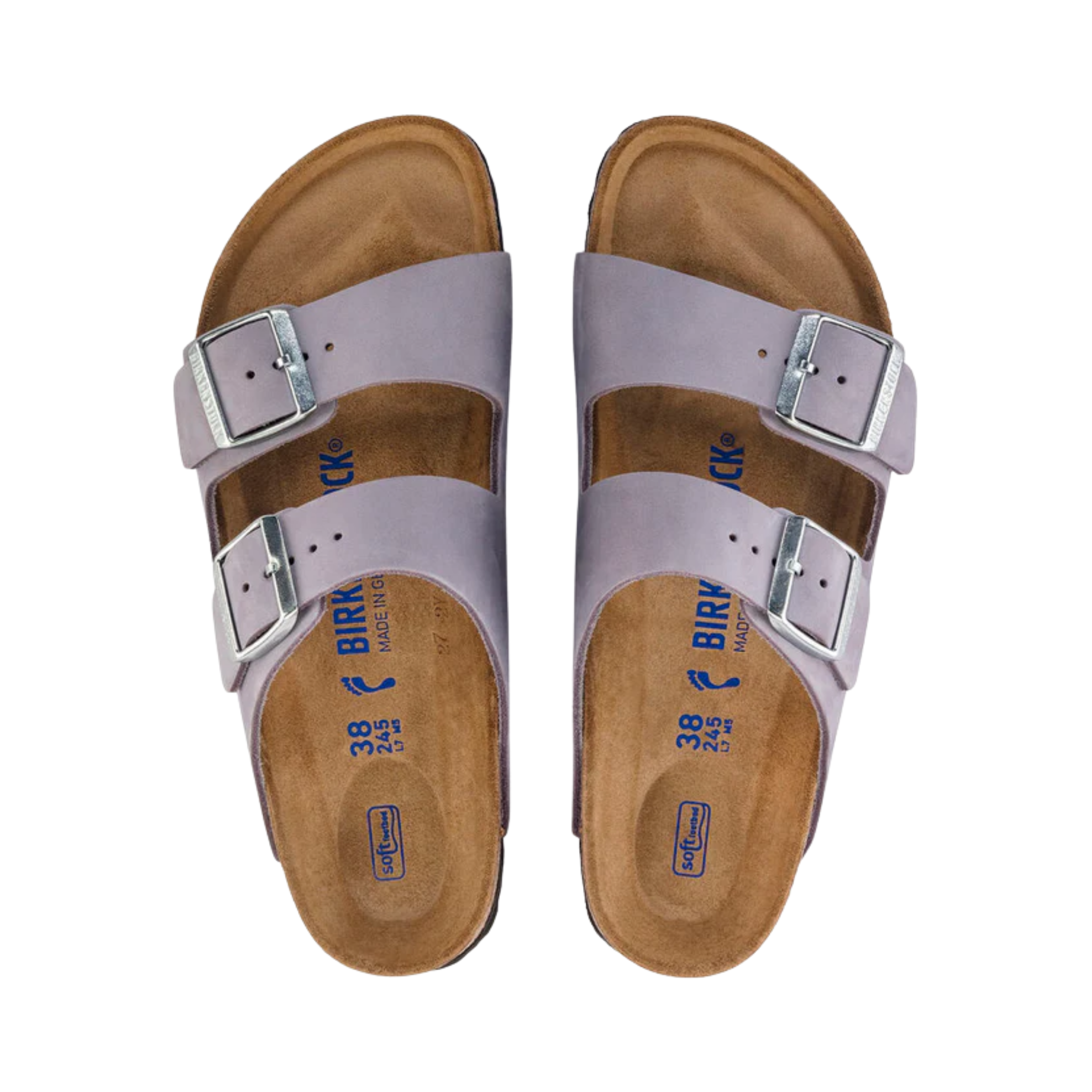 Top view of the Birkenstock Women’s Arizona Soft Footbed in Purple Fog Nubuck Leather displaying the premium nubuck leather upper, adjustable dual buckle straps, breathable suede footbed lining, anatomically shaped cork-latex Soft Footbed with arch and heel support, and lightweight EVA outsole designed for flexibility, traction, and support for conditions such as plantar fasciitis, flat feet, overpronation, metatarsalgia, heel spurs, arthritis, and general foot fatigue.